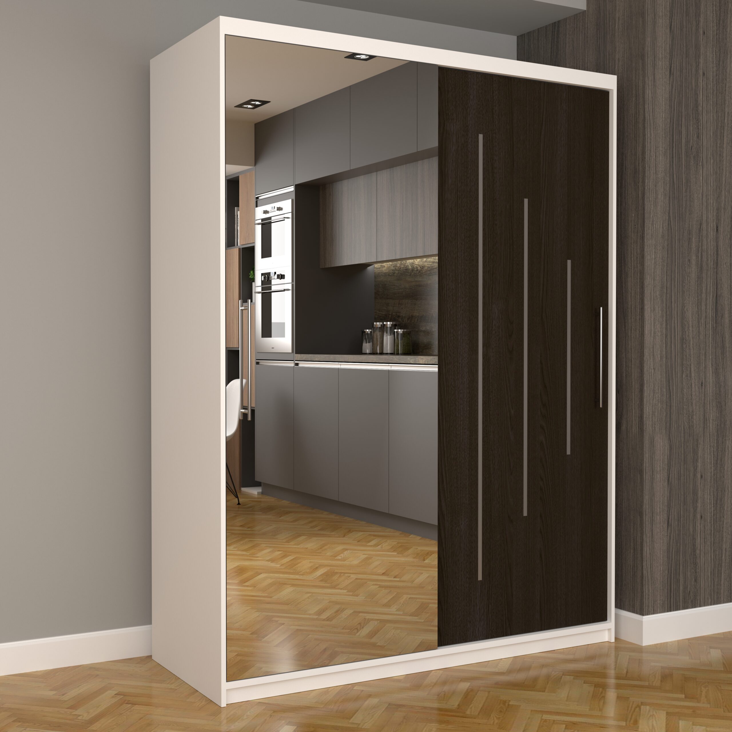 a-128-scaled-1.jpg Dulap Dormitor Nova Ultra 150 cm x 200 cm cu oglinda Alb cu usi glisante Wenge - imagine 1