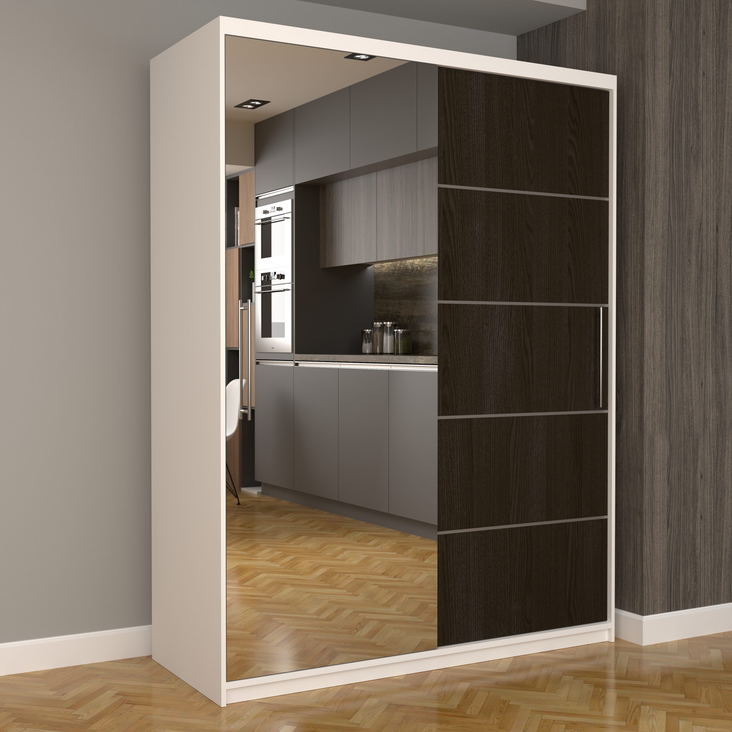 a-130-scaled-1.jpg Dulap Dormitor Nova Plus 150 cm x 200 cm, cu oglinda, Alb cu usi glisante Wenge - imagine 1