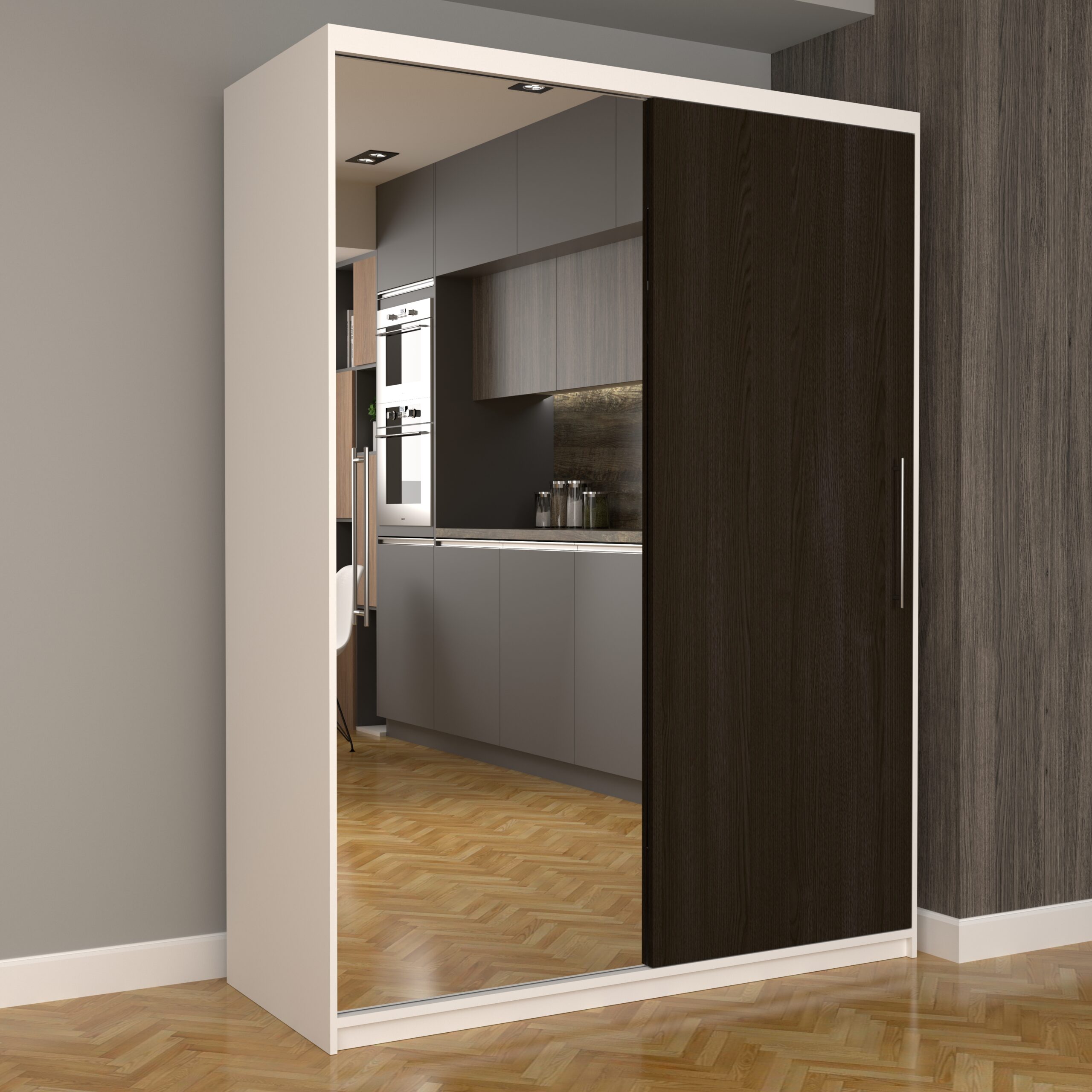 a-134-scaled-1.jpg Dulap Dormitor Nova Eco 150 cm x 200 cm, cu oglinda, alb cu usi glisante wenge - imagine 1