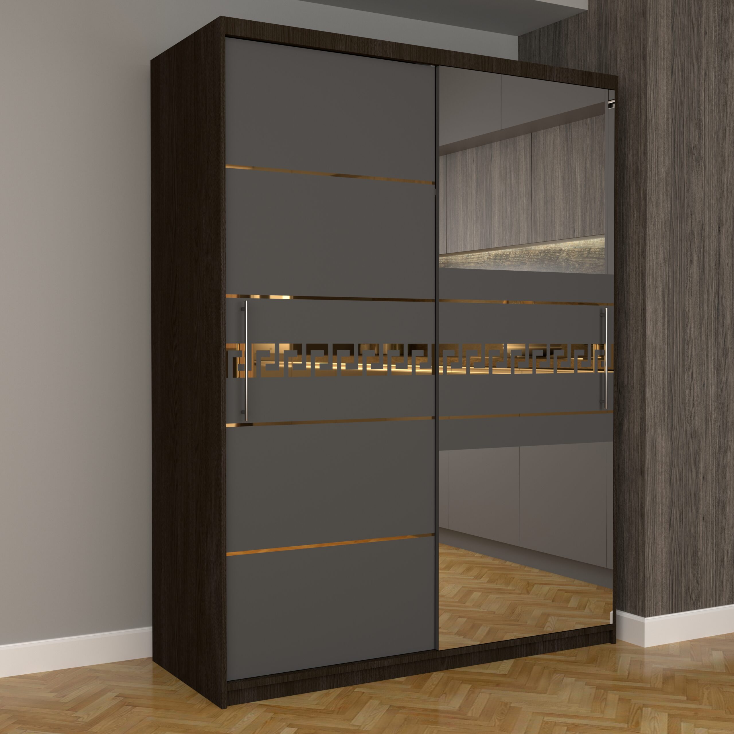 a-137-scaled-1.jpg Dulap Dormitor Nova Gold 150 cm x 200 cm , cu oglinda , Wenge cu usi glisante Gri - imagine 1