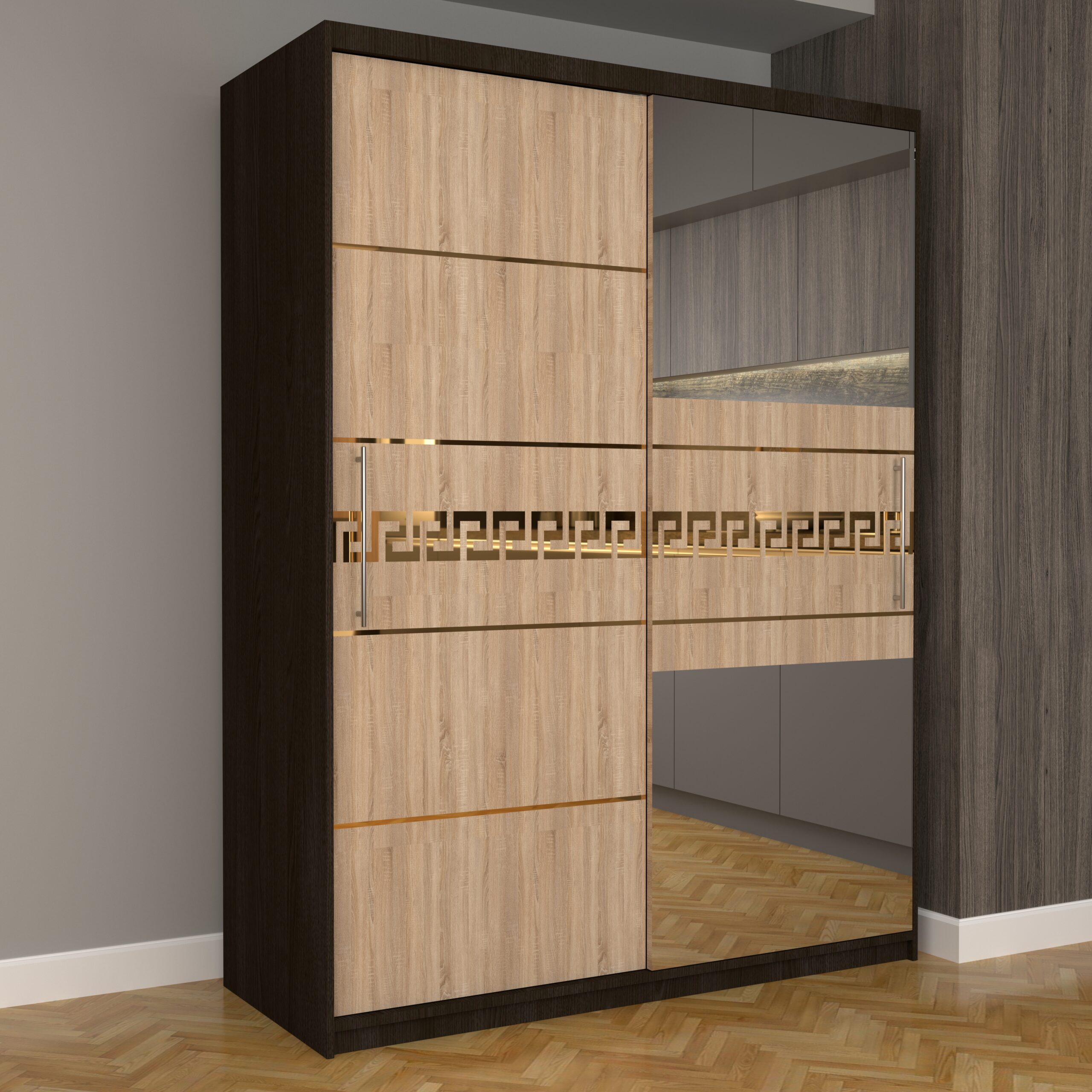 a-138-scaled-1.jpg Dulap Dormitor Nova Gold 150 cm x 200 cm cu oglinda Wenge cu usi glisante Sonoma - imagine 1