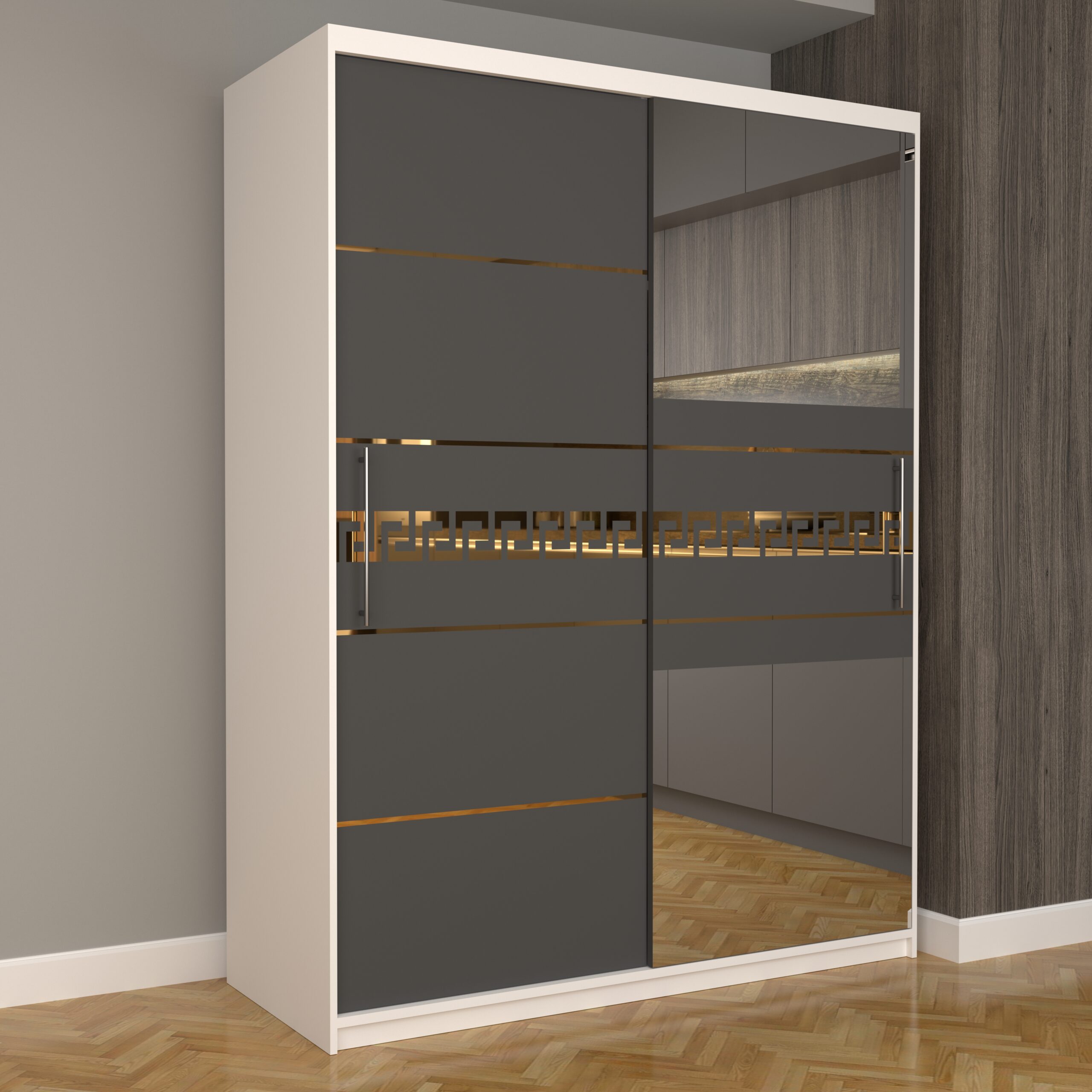 a-141-scaled-1.jpg Dulap Dormitor Nova Gold 150 cm x 200 cm cu oglinda Alb cu usi glisante Gri - imagine 1