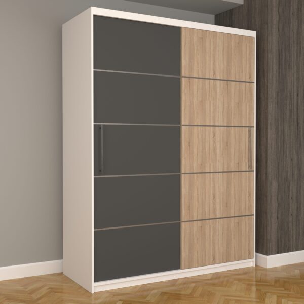 Dulap Dormitor Nova Plus 150 cm x 200 cm, fara oglinda, Alb cu usi glisante Gri Sonoma