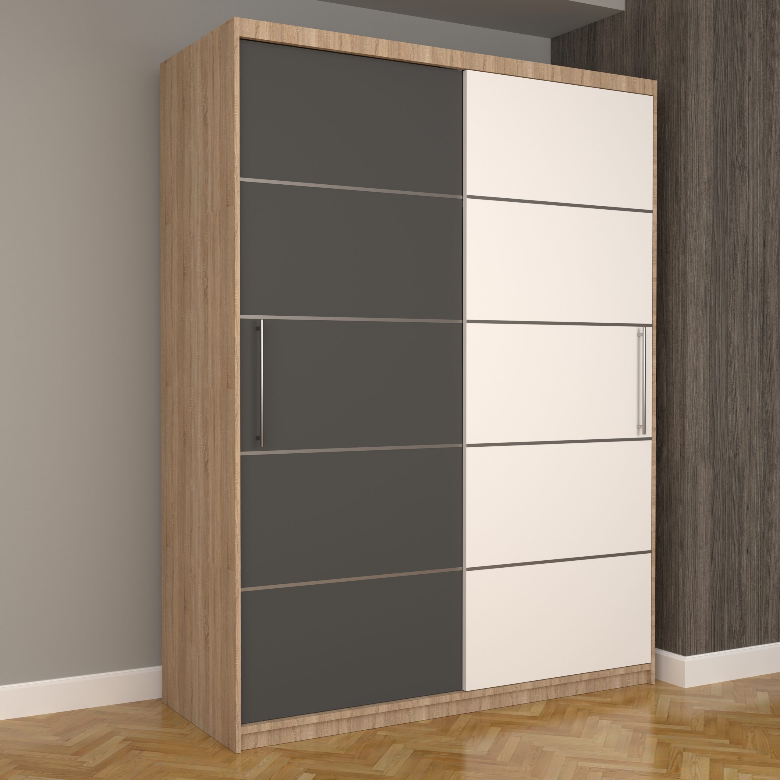 a-47-scaled-1.jpg Dulap Dormitor Nova Plus 150 cm x 200 cm, fara oglinda, Sonoma cu usi glisante Gri Alb - imagine 1