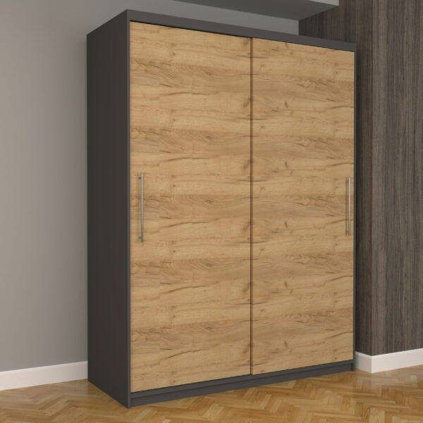 Dulap Dormitor Nova Eco 150 cm x 200 cm, fara oglinda, gri cu usi glisante oak craft gold
