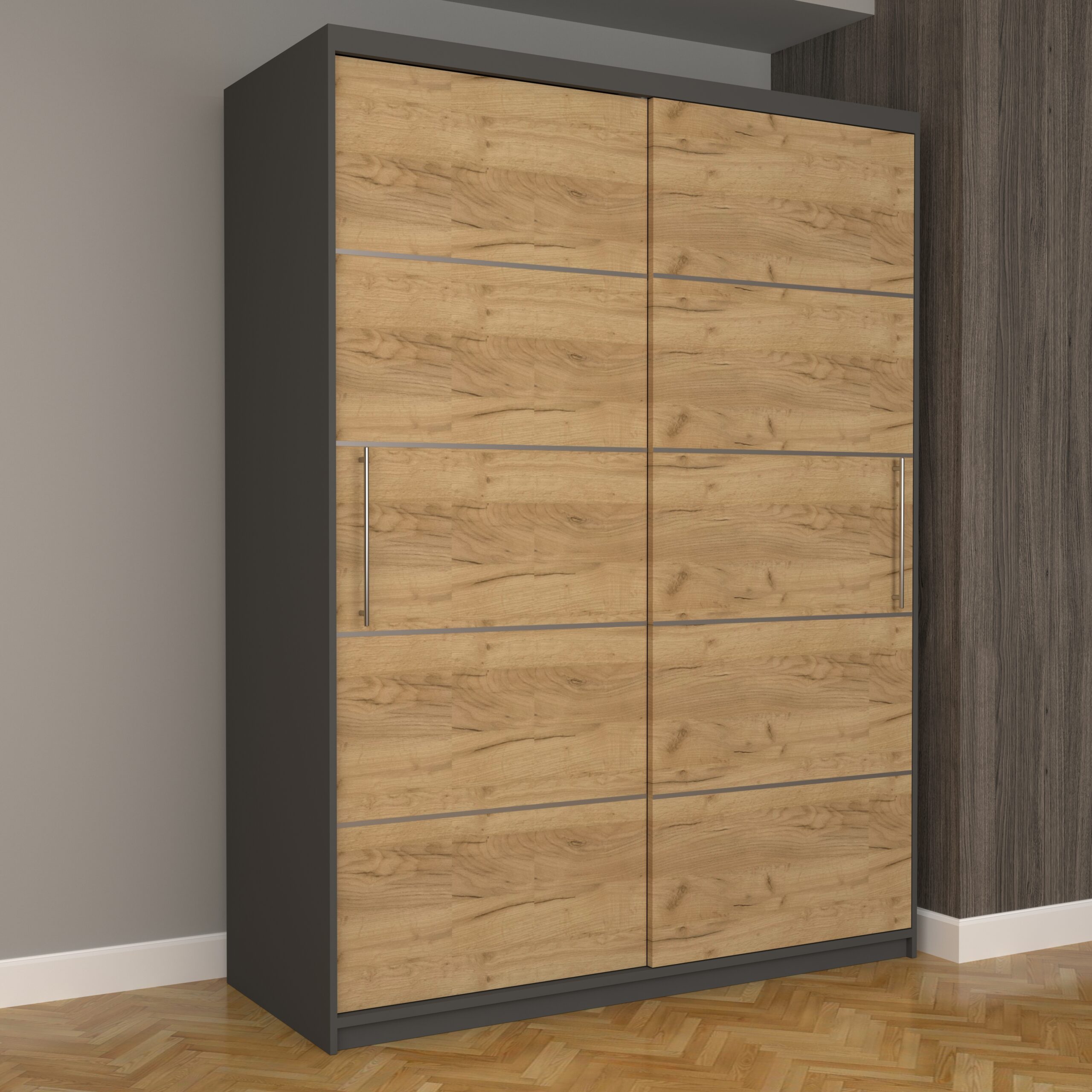 a-97-scaled-1.jpg Dulap Dormitor Nova Plus 150 cm x 200 cm, fara oglinda, Gri cu usi glisante Oak Craft Gold - imagine 1