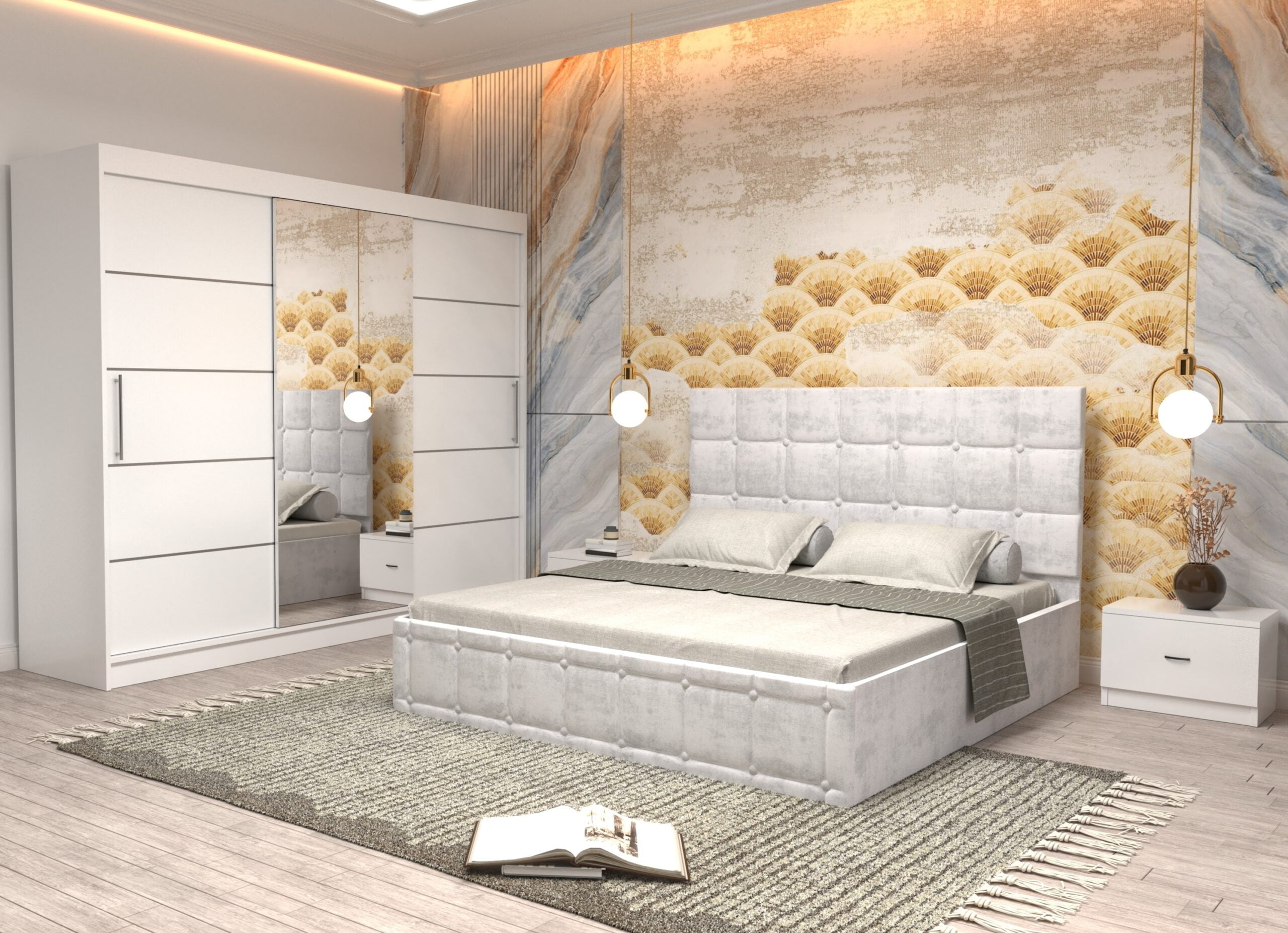 a1-scaled-1.jpg Dormitor Regal cu Pat Matrimonial Alb Stofa Dulap usi glisante 250 x 200 cm Alb cu usi glisante Albe Cu Oglinda si Noptiere - imagine 1