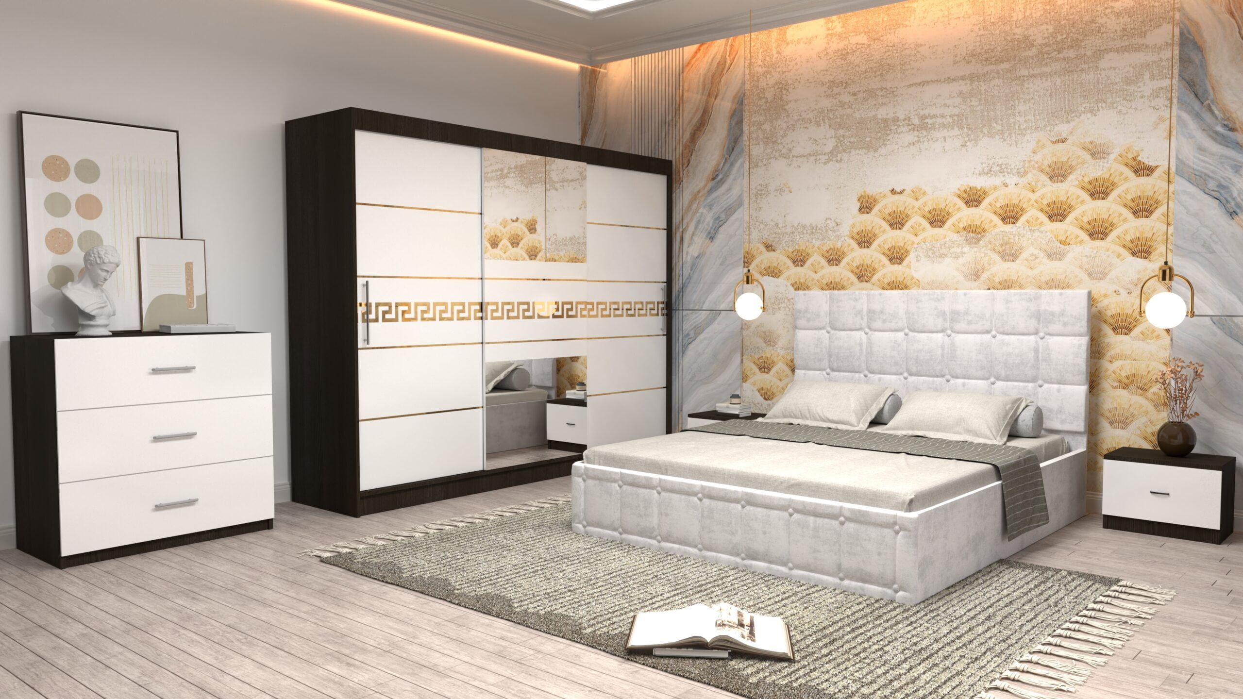 a11-1-scaled-1.jpg Dormitor Regal cu Pat Matrimonial Alb Stofa Dulap Gold usi glisante 250 x 200 cm Wenghe cu usi glisante Albe Cu Oglinda Noptiere si comoda TV - imagine 1