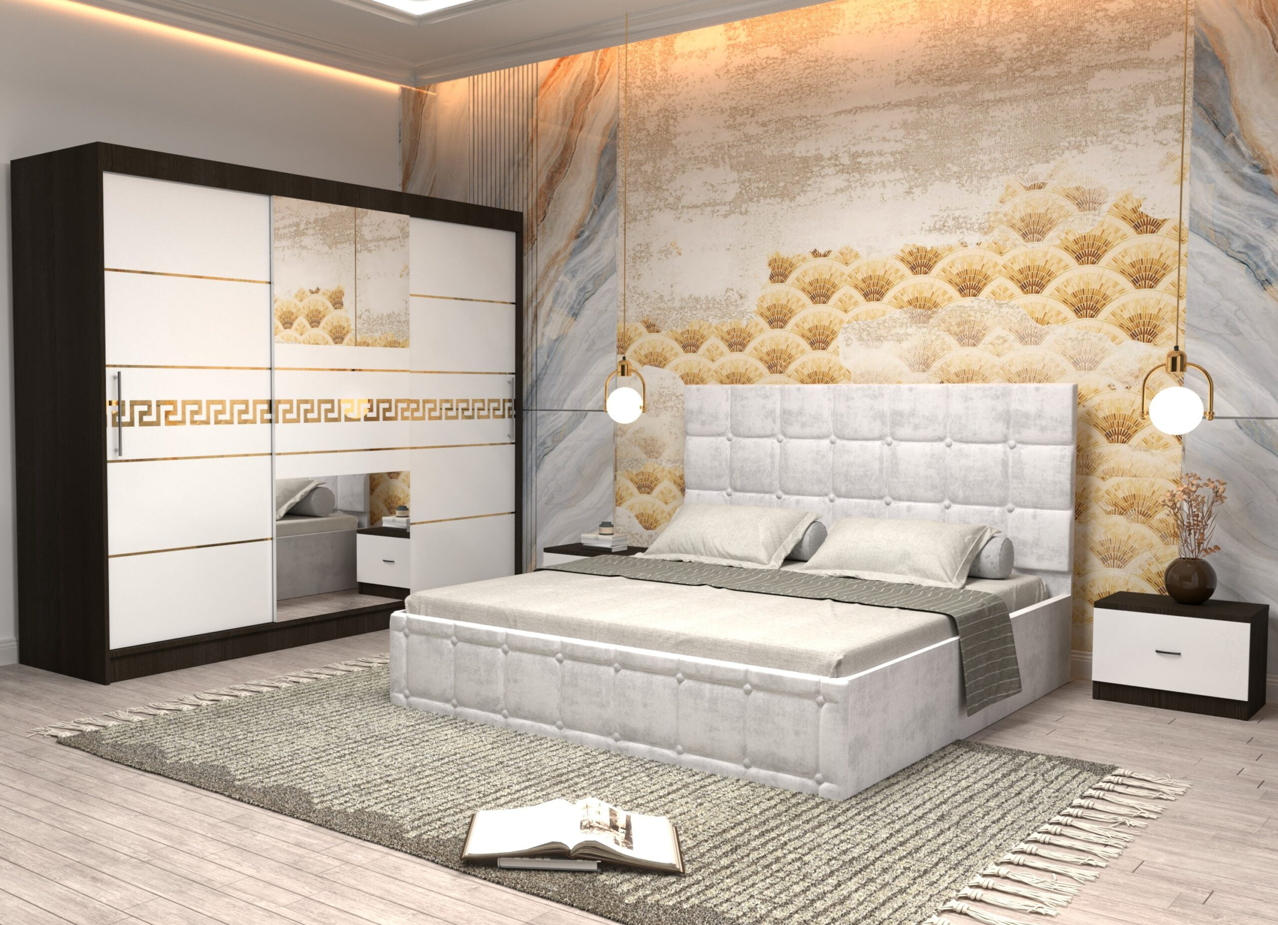 a11-scaled-1.jpg Dormitor Regal cu Pat Matrimonial Alb Stofa Dulap Gold usi glisante 250 x 200 cm Wenghe cu usi glisante Albe Cu Oglinda si Noptiere - imagine 1