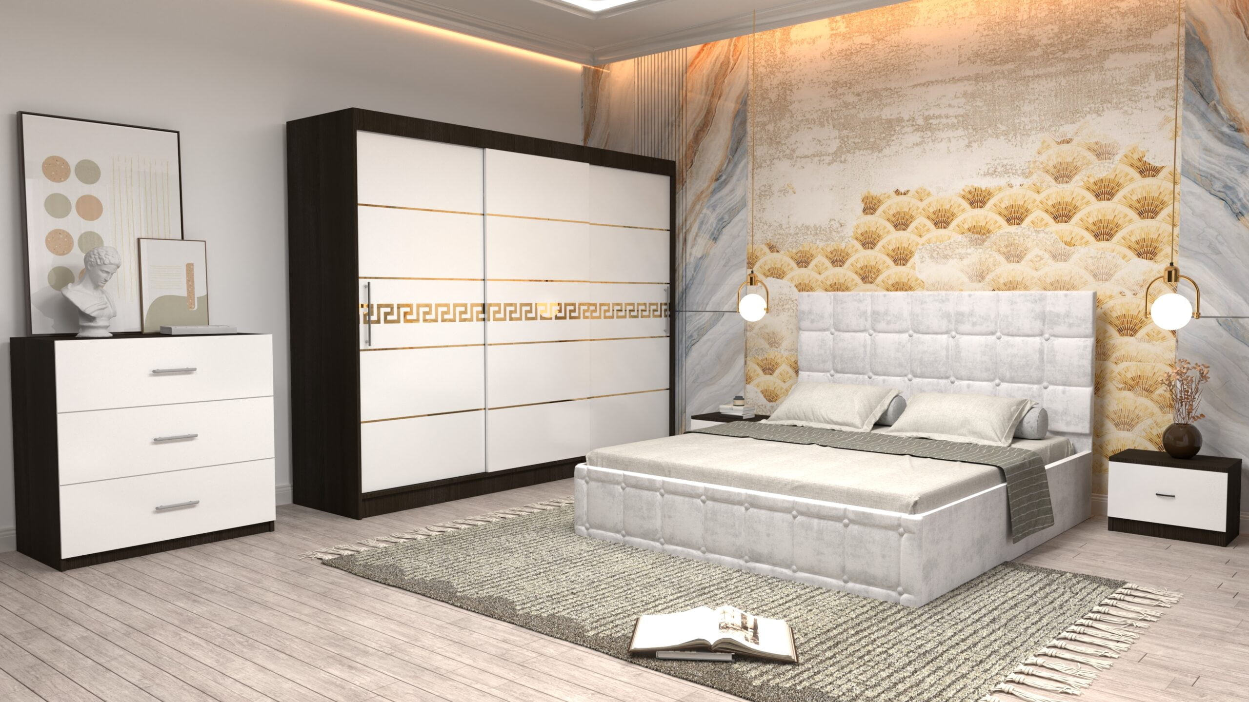 a12-1-scaled-1.jpg Dormitor Regal cu Pat Matrimonial Alb Stofa Dulap Gold usi glisante 250 x 200 cm Wenghe cu usi glisante Albe Fara Oglinda Noptiere si comoda TV - imagine 1