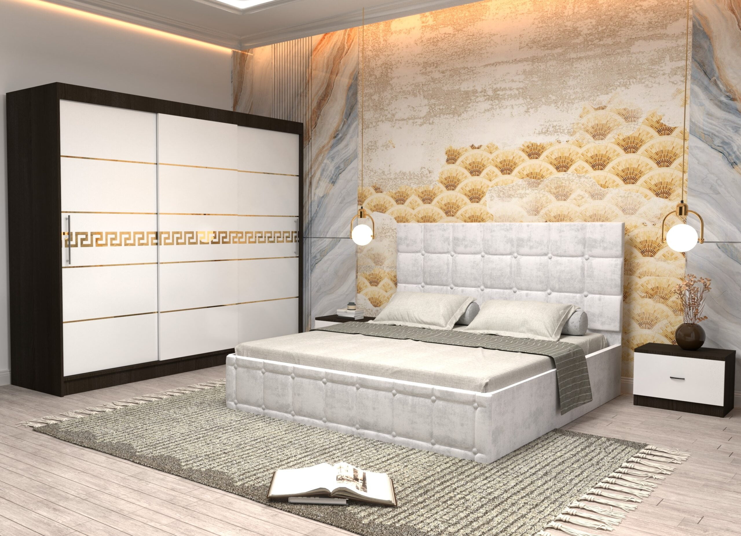 a12-scaled-1.jpg Dormitor Regal cu Pat Matrimonial Alb Stofa Dulap Gold usi glisante 250 x 200 cm Wenghe cu usi glisante Albe Fara Oglinda si Noptiere - imagine 1