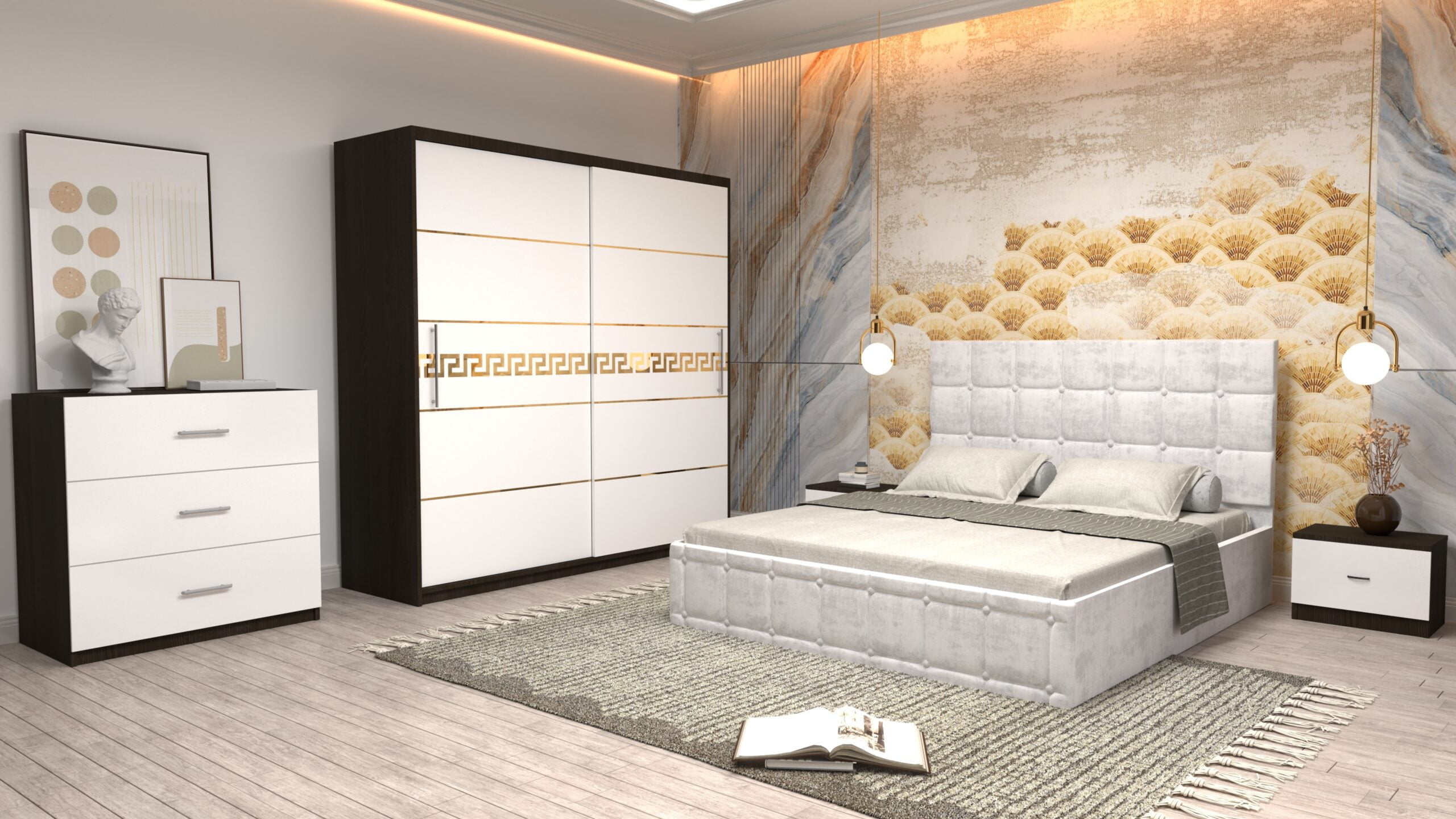a14-1-scaled-1.jpg Dormitor Regal cu Pat Matrimonial Alb Stofa Dulap Gold usi glisante 200 x 200 cm Wenghe cu usi glisante Albe Fara Oglinda Noptiere si comoda TV - imagine 1