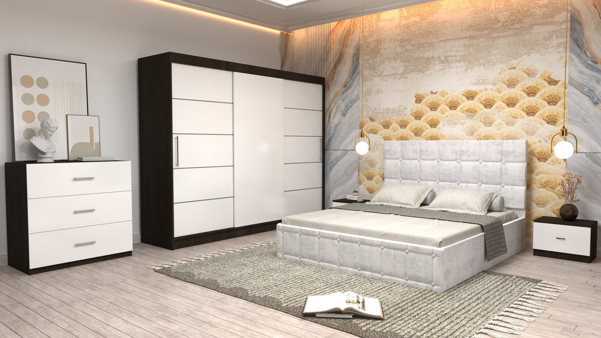 a15-1-scaled-1.jpg Dormitor Regal cu Pat Matrimonial Alb Stofa Dulap usi glisante 250 x 200 cm Wenghe cu usi glisante Albe Fara Oglinda Noptiere si comoda TV - imagine 1