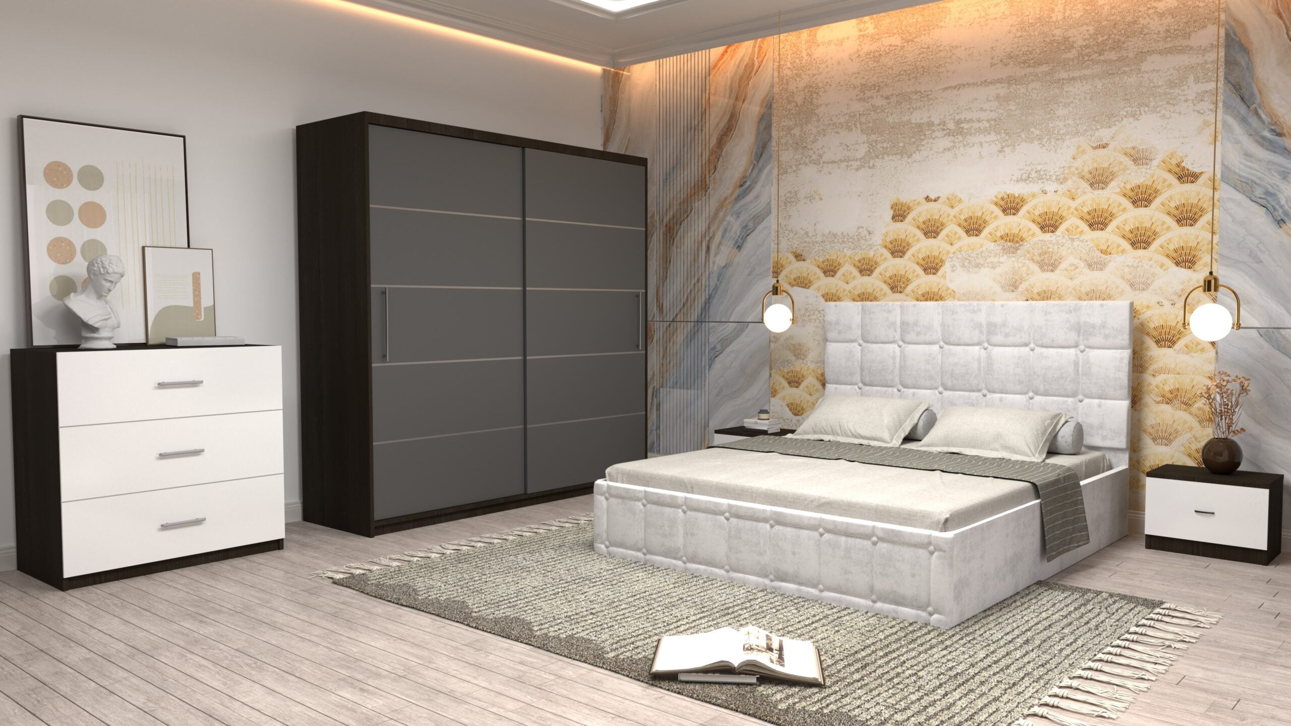 a17-1-scaled-1.jpg Dormitor Regal cu Pat Matrimonial Alb Stofa Dulap usi glisante 200 x 200 cm Wenghe cu usi glisante Gri Fara Oglinda Noptiere si comoda TV - imagine 1