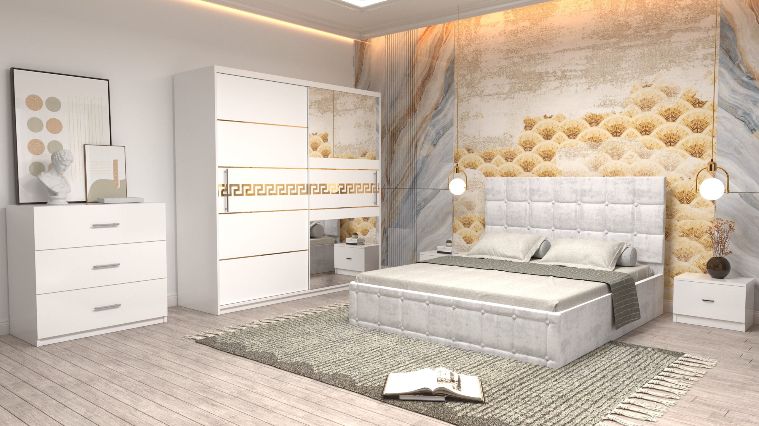 a18-1-scaled-1.jpg Dormitor Regal cu Pat Matrimonial Alb Stofa Dulap Gold usi glisante 200 x 200 cm Alb cu usi glisante Albe Cu Oglinda Noptiere si comoda TV - imagine 1