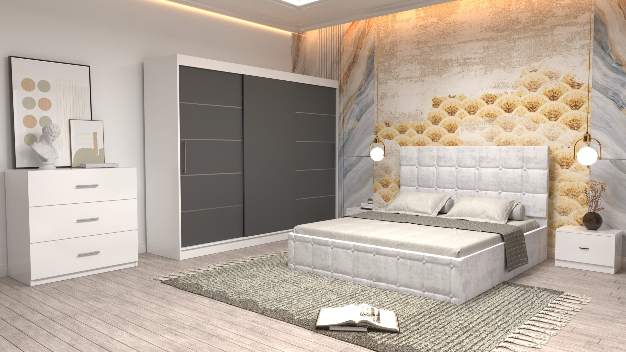 a2-1-scaled-1.jpg Dormitor Regal cu Pat Matrimonial Alb Stofa Dulap usi glisante 250 x 200 cm Alb cu usi glisante Gri Fara Oglinda Noptiere si cu comoda TV - imagine 1