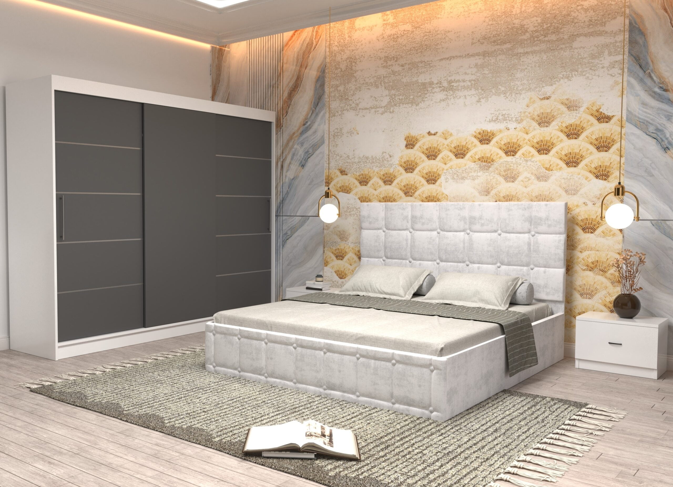 a2-scaled-1.jpg Dormitor Regal cu Pat Matrimonial Alb Stofa Dulap usi glisante 250 x 200 cm Alb cu usi glisante Gri Fara Oglinda si Noptiere - imagine 1