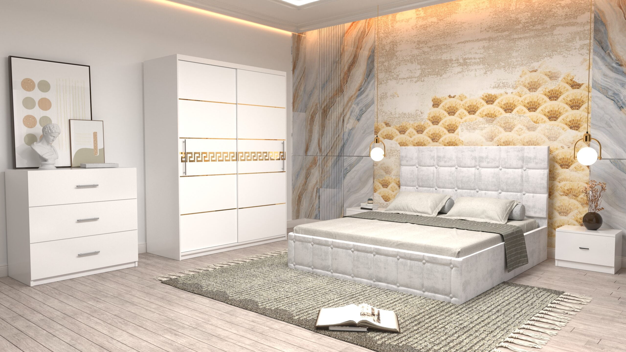 a20-1-scaled-1.jpg Dormitor Regal cu Pat Matrimonial Alb Stofa Dulap Gold usi glisante 150 x 200 cm Sonoma cu usi glisante Albe Fara Oglinda Noptiere si comoda TV - imagine 1