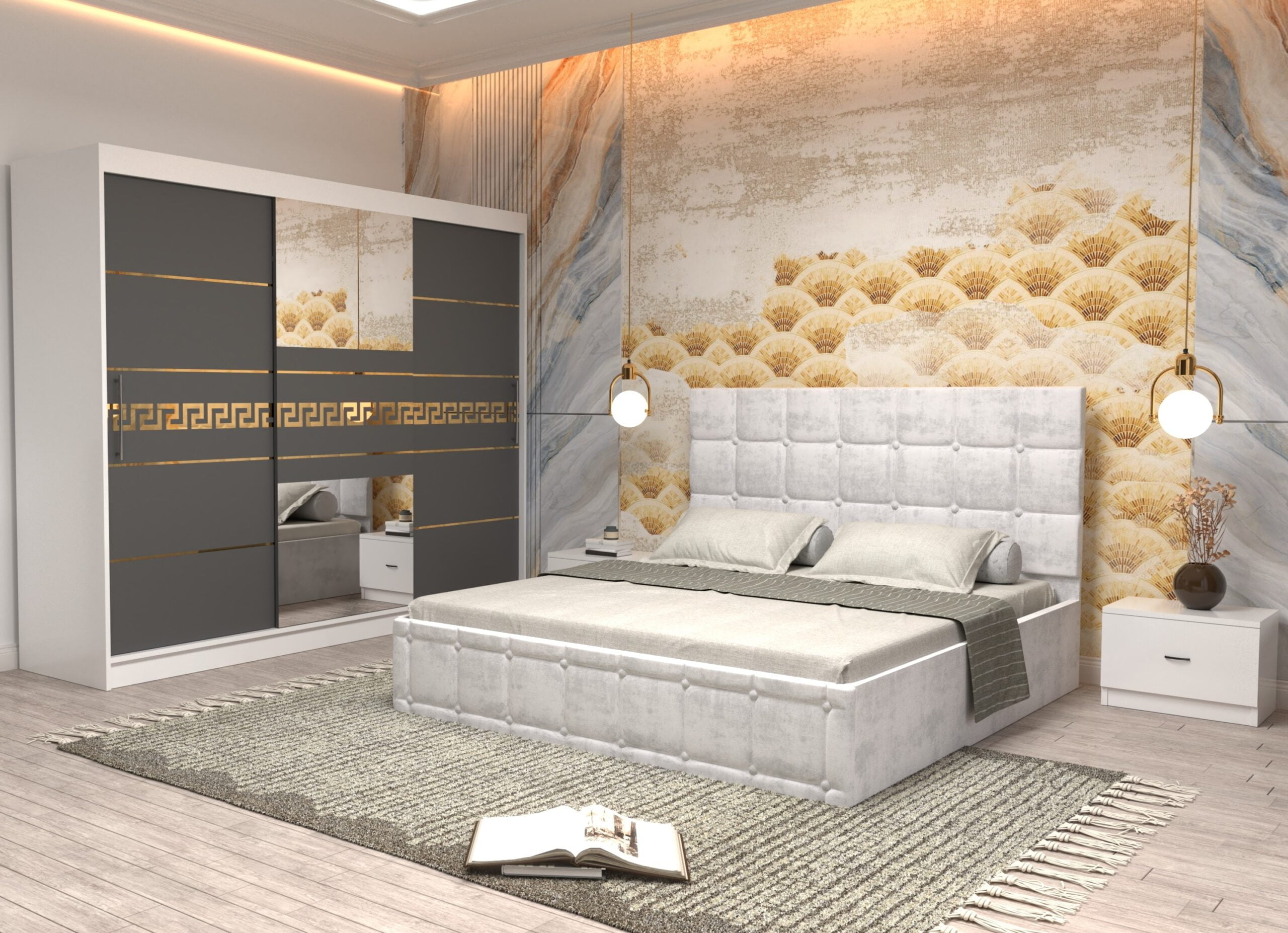 a3-scaled-1.jpg Dormitor Regal cu Pat Matrimonial Alb Stofa Dulap Gold usi glisante 250 x 200 cm Alb cu usi glisante Gri cu Oglinda si Noptiere - imagine 1