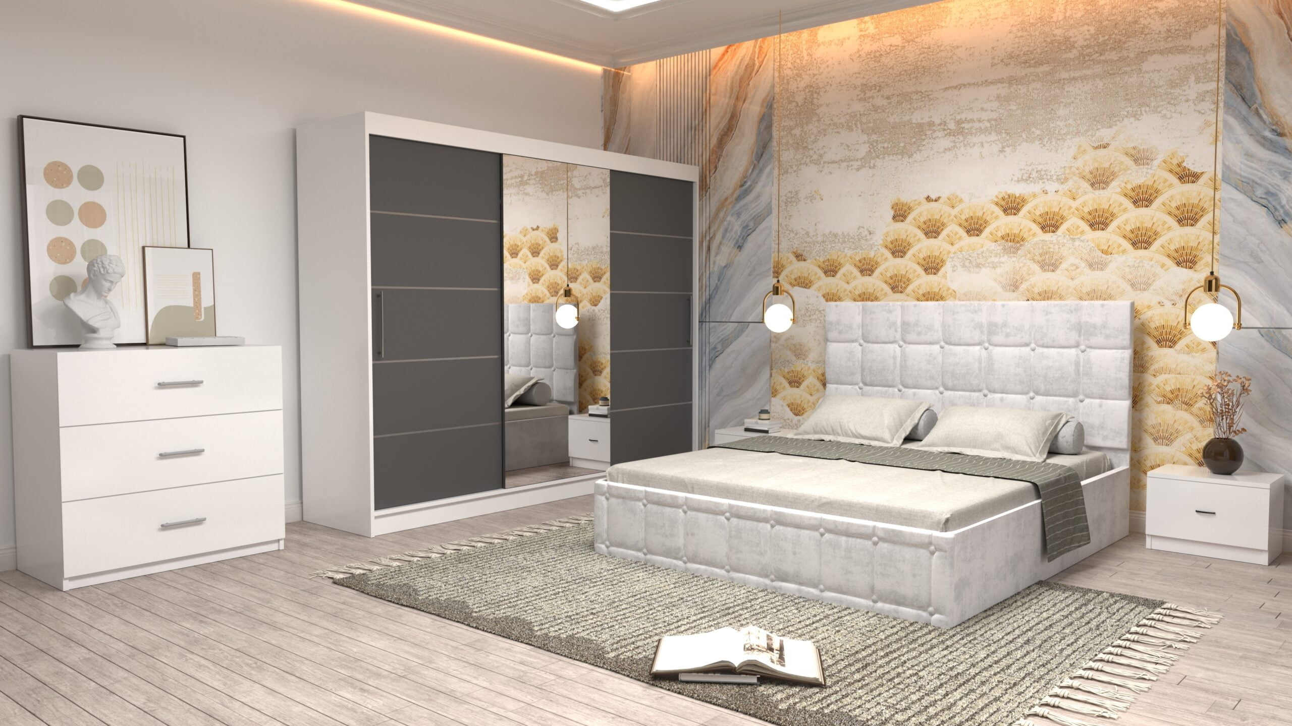 a4-1-scaled-1.jpg Dormitor Regal cu Pat Matrimonial Alb Stofa Dulap usi glisante 250 x 200 cm Alb cu usi glisante Gri cu Oglinda Noptiere si comoda TV - imagine 1