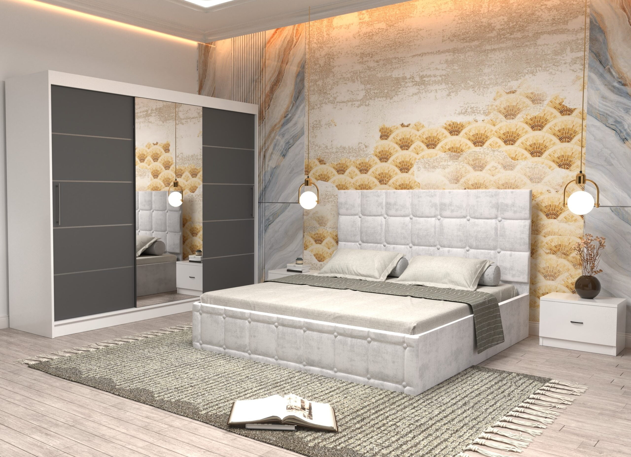 a4-scaled-1.jpg Dormitor Regal cu Pat Matrimonial Alb Stofa Dulap usi glisante 250 x 200 cm Alb cu usi glisante Gri cu Oglinda si Noptiere - imagine 1