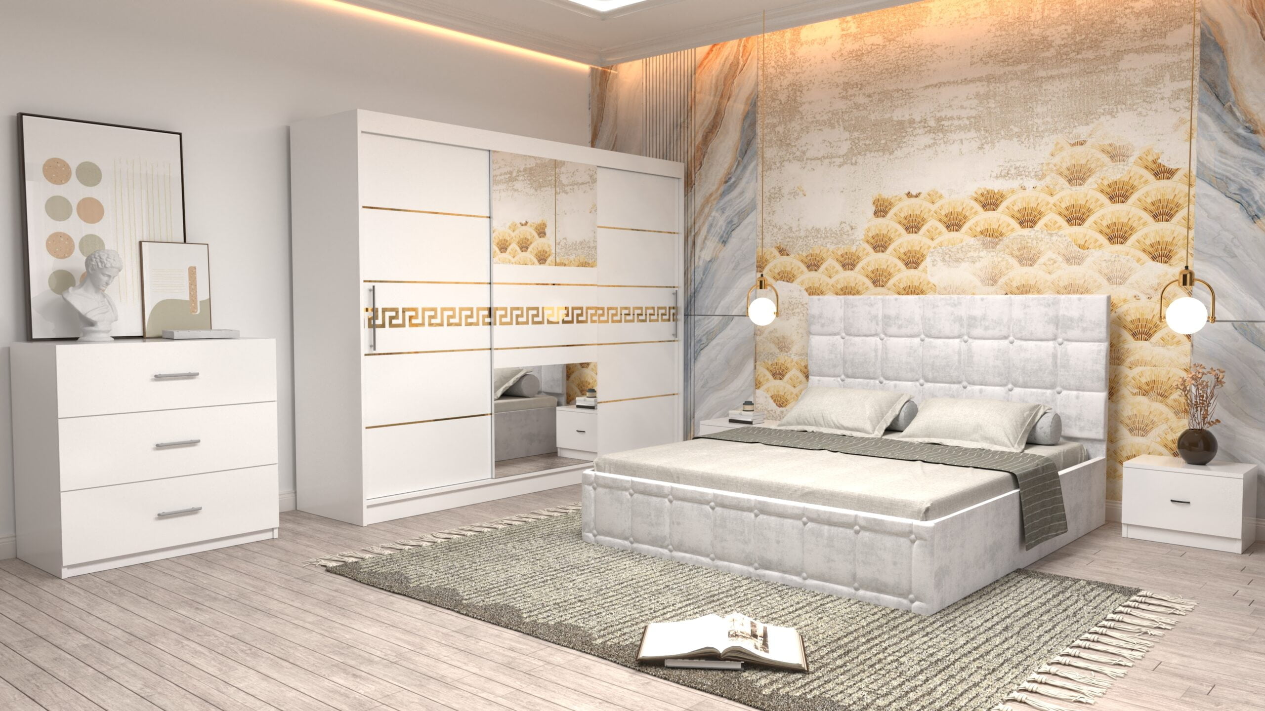 a5-1-scaled-1.jpg Dormitor Regal cu Pat Matrimonial Alb Stofa Dulap Gold usi glisante 250 x 200 cm Alb cu usi glisante Albe Cu Oglinda Noptiere si comoda TV - imagine 1