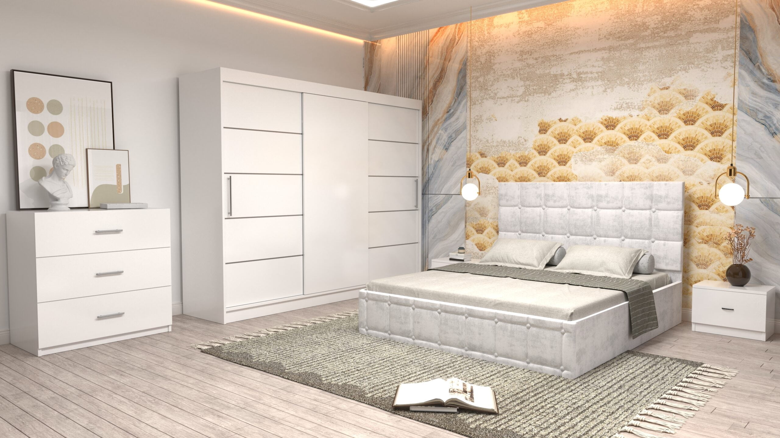 a6-1-scaled-1.jpg Dormitor Regal cu Pat Matrimonial Alb Stofa Dulap usi glisante 250 x 200 cm Alb cu usi glisante Albe Fara Oglinda Noptiere si comoda TV - imagine 1