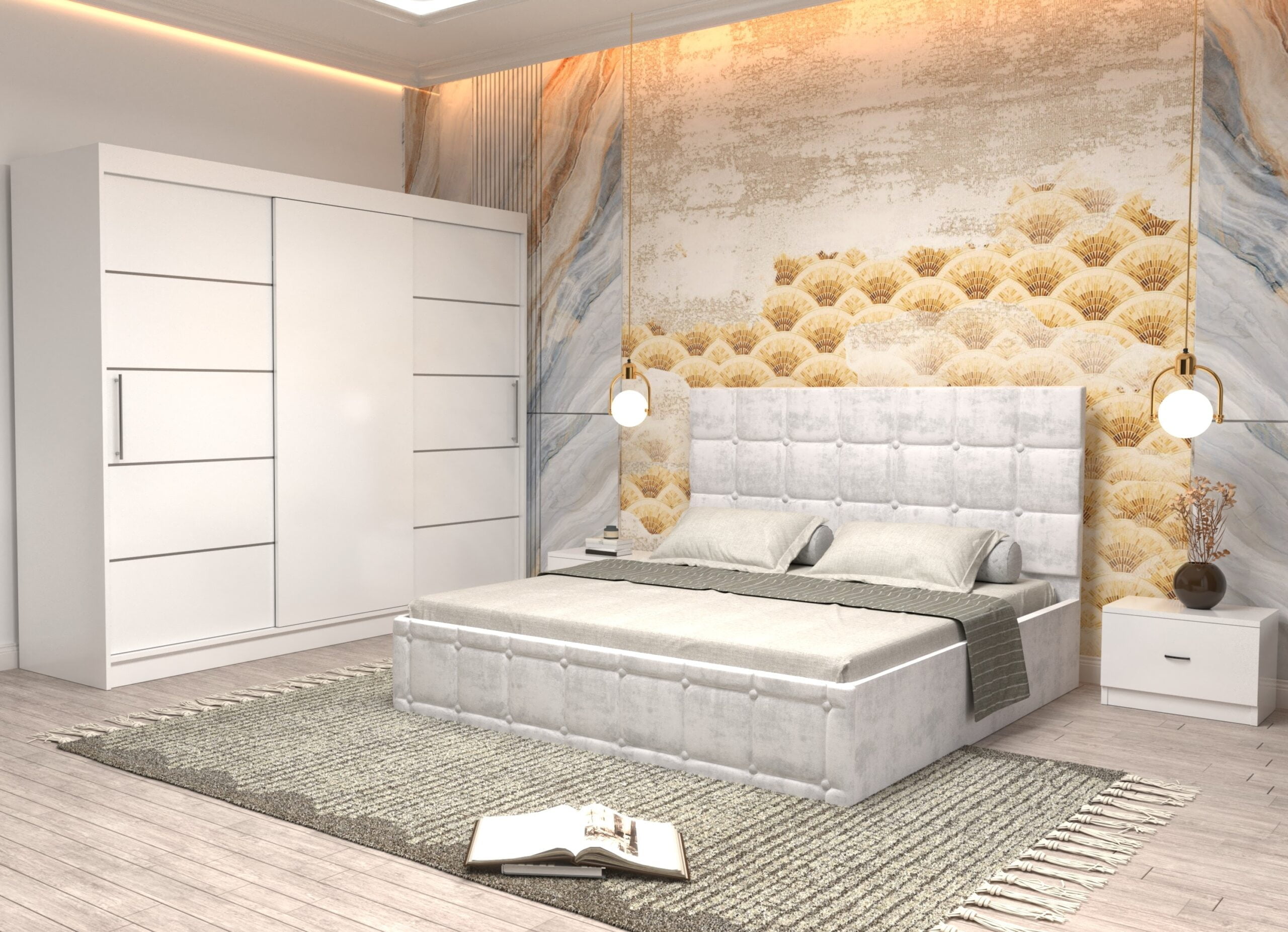 a6-scaled-1.jpg Dormitor Regal cu Pat Matrimonial Alb Stofa Dulap usi glisante 250 x 200 cm Alb cu usi glisante Albe Fara Oglinda si Noptiere - imagine 1