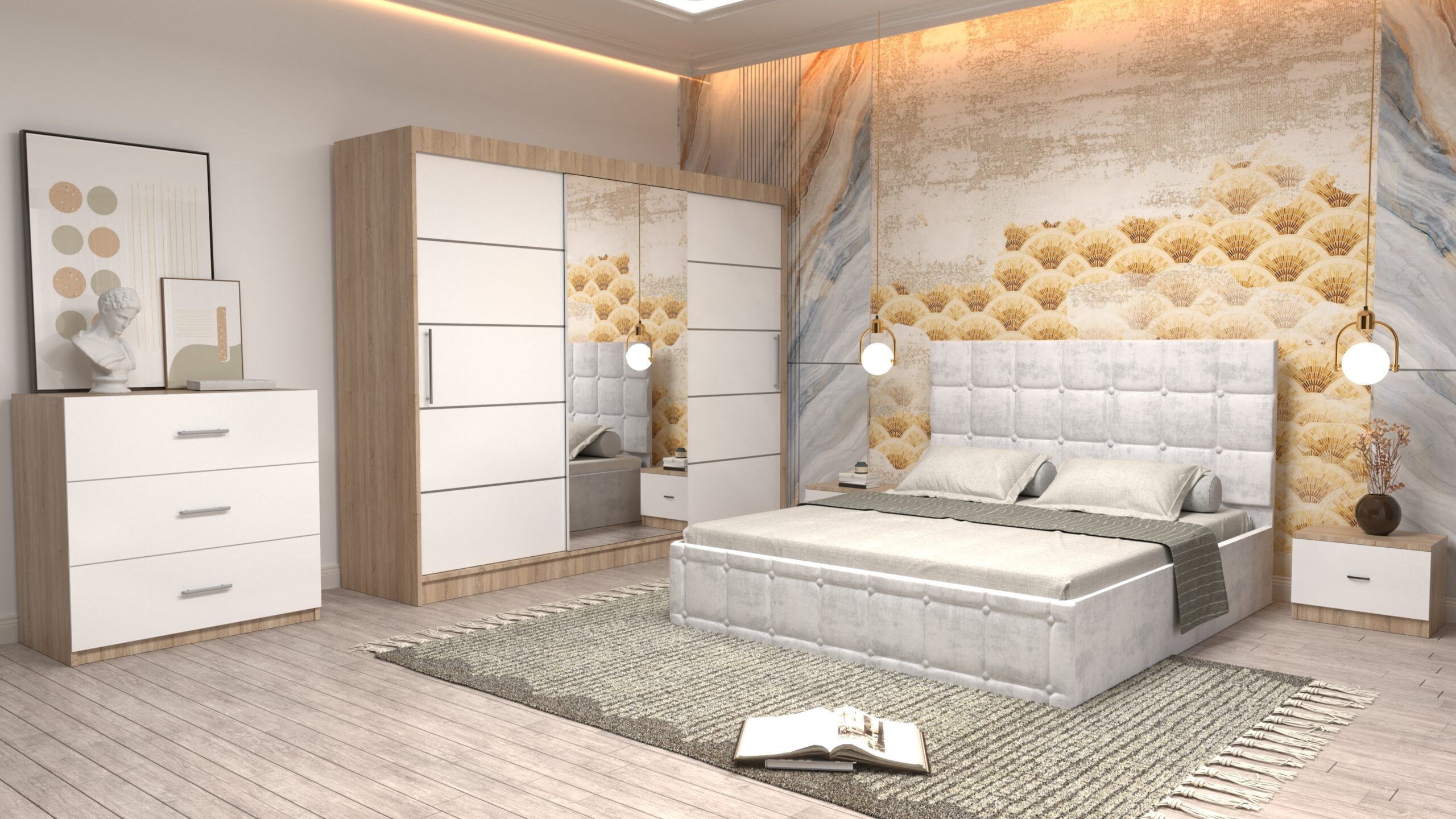 a7-1-scaled-1.jpg Dormitor Regal cu Pat Matrimonial Alb Stofa Dulap usi glisante 250 x 200 cm Sonoma cu usi glisante Albe Cu Oglinda Noptiere si comoda TV - imagine 1