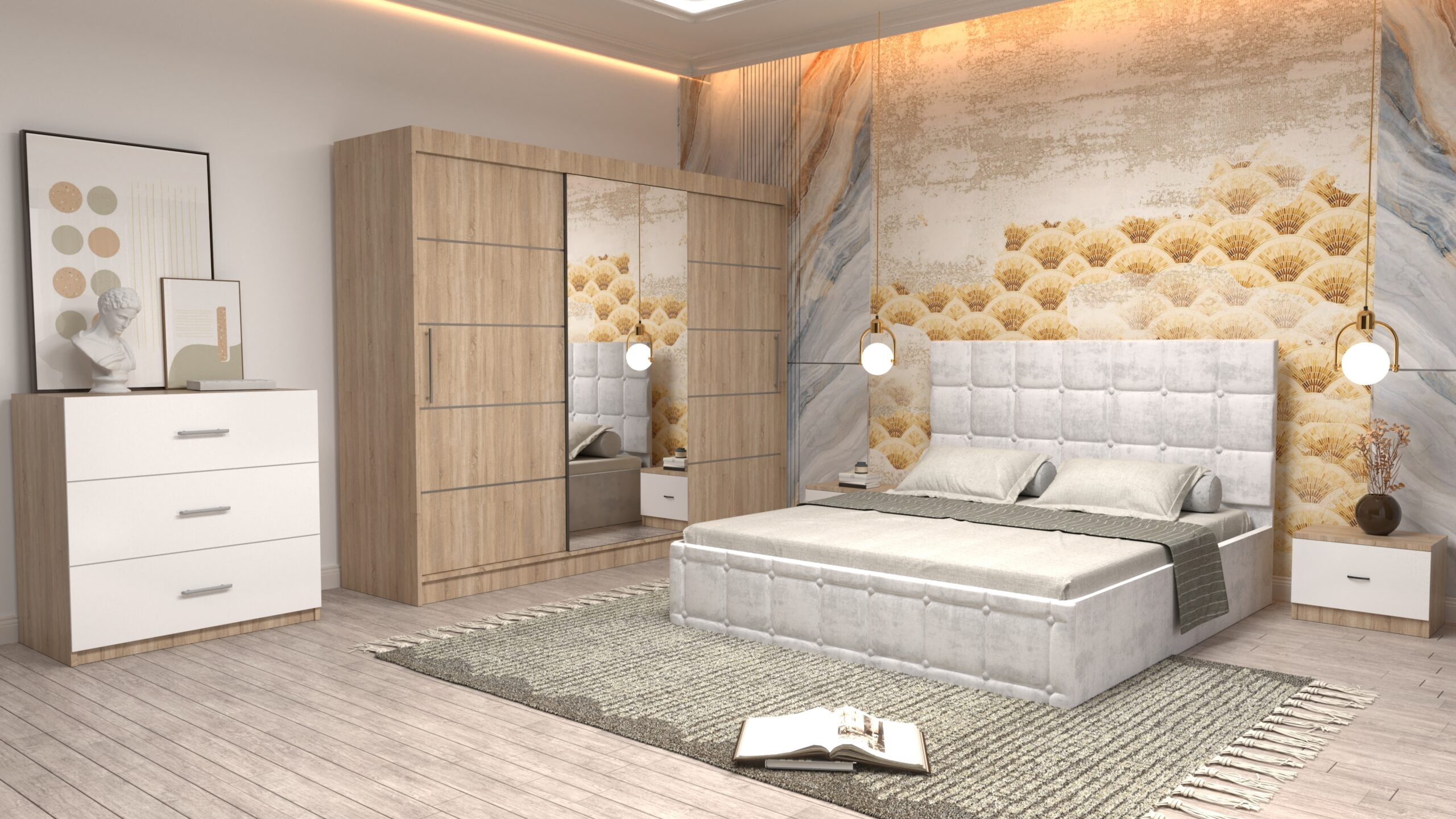 a8-1-scaled-1.jpg Dormitor Regal cu Pat Matrimonial Alb Stofa Dulap usi glisante 250 x 200 cm Sonoma cu usi glisante Sonoma Cu Oglinda Noptiere si comoda TV - imagine 1