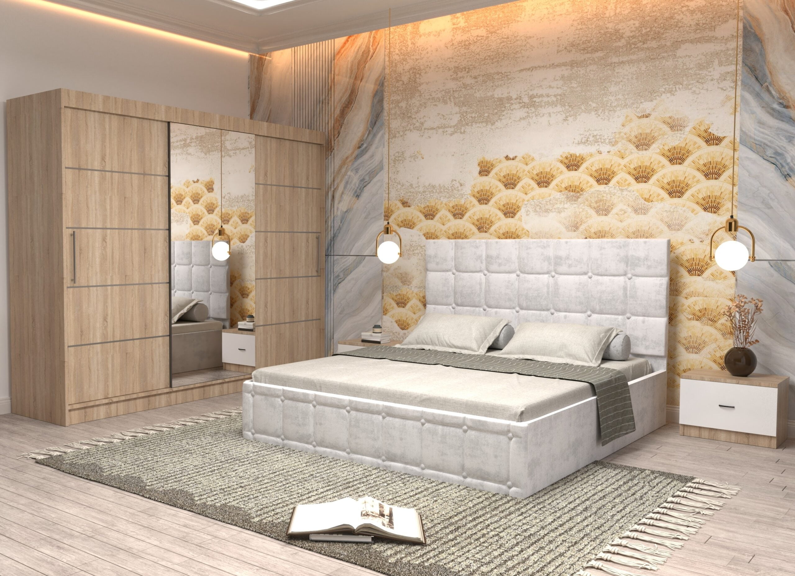 a8-scaled-1.jpg Dormitor Regal cu Pat Matrimonial Alb Stofa Dulap usi glisante 250 x 200 cm Sonoma cu usi glisante Sonoma Cu Oglinda si Noptiere - imagine 1