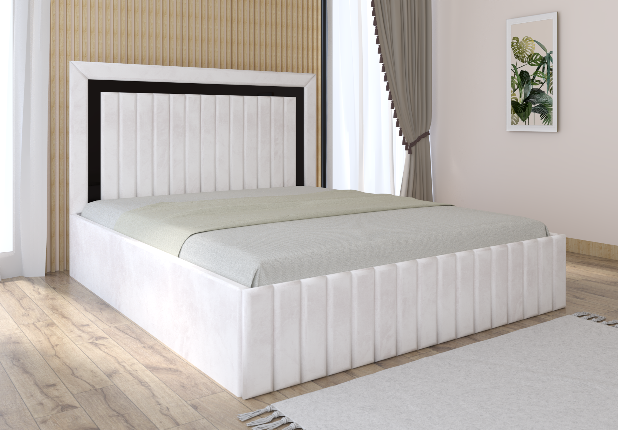 alb-negru.png Pat tapitat Matei Alb Stofa cu oglinda Neagra - imagine 1