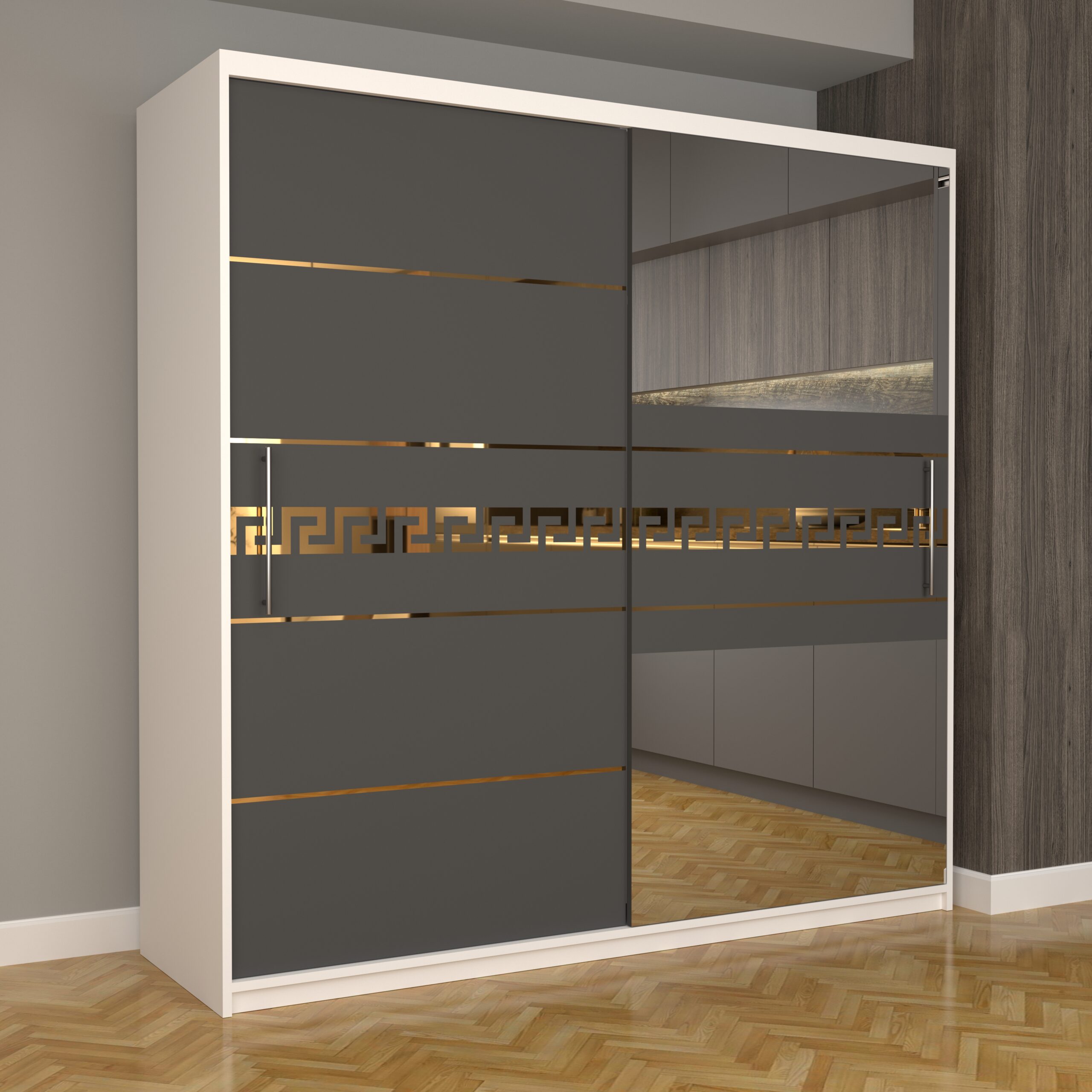 b-102-scaled-1.jpg Dulap Dormitor Nova Gold 200 cm x 200 cm cu oglinda Alb cu usi glisante Gri - imagine 1