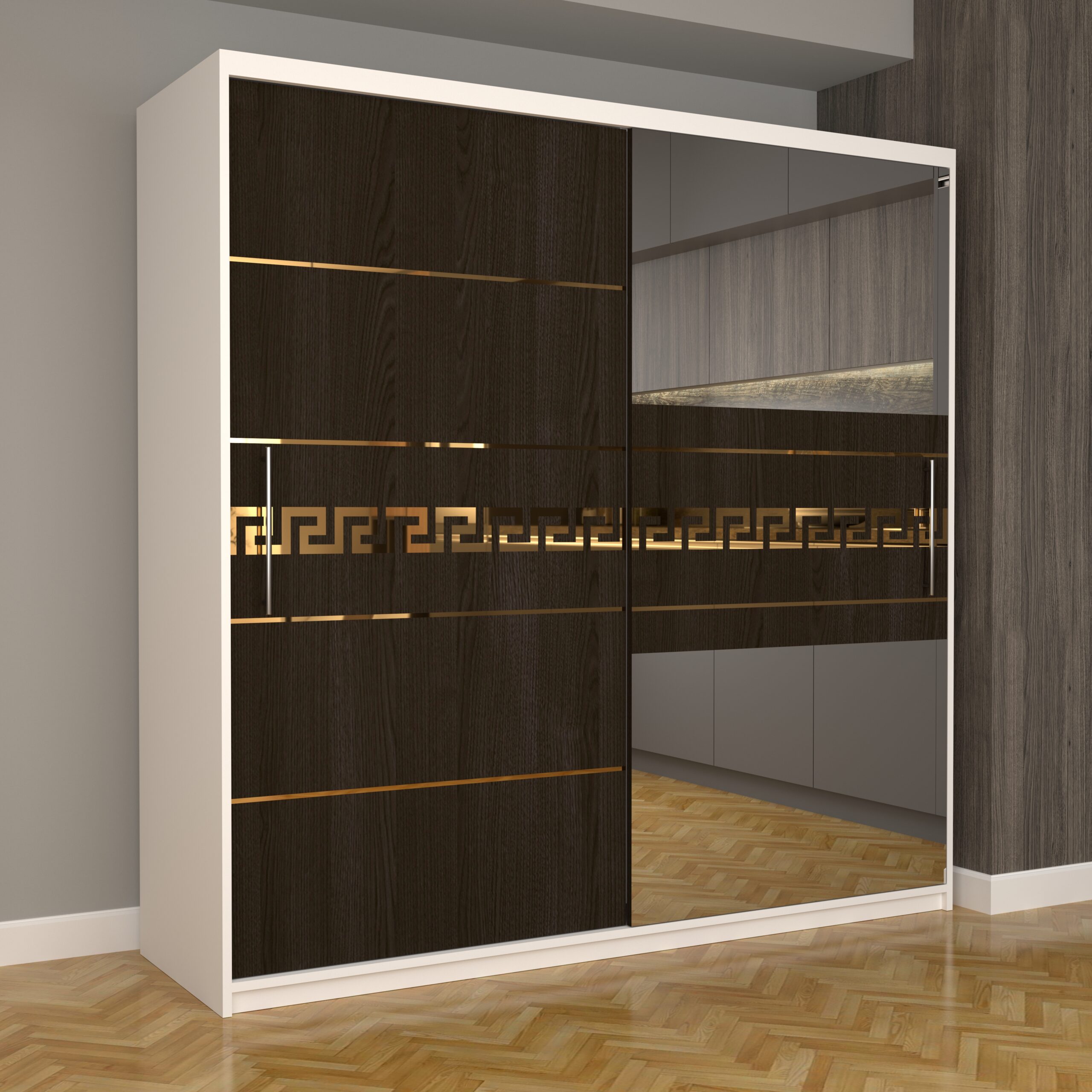 b-106-scaled-1.jpg Dulap Dormitor Nova Gold 200 cm x 200 cm cu oglinda Alb cu usi Wenge - imagine 1