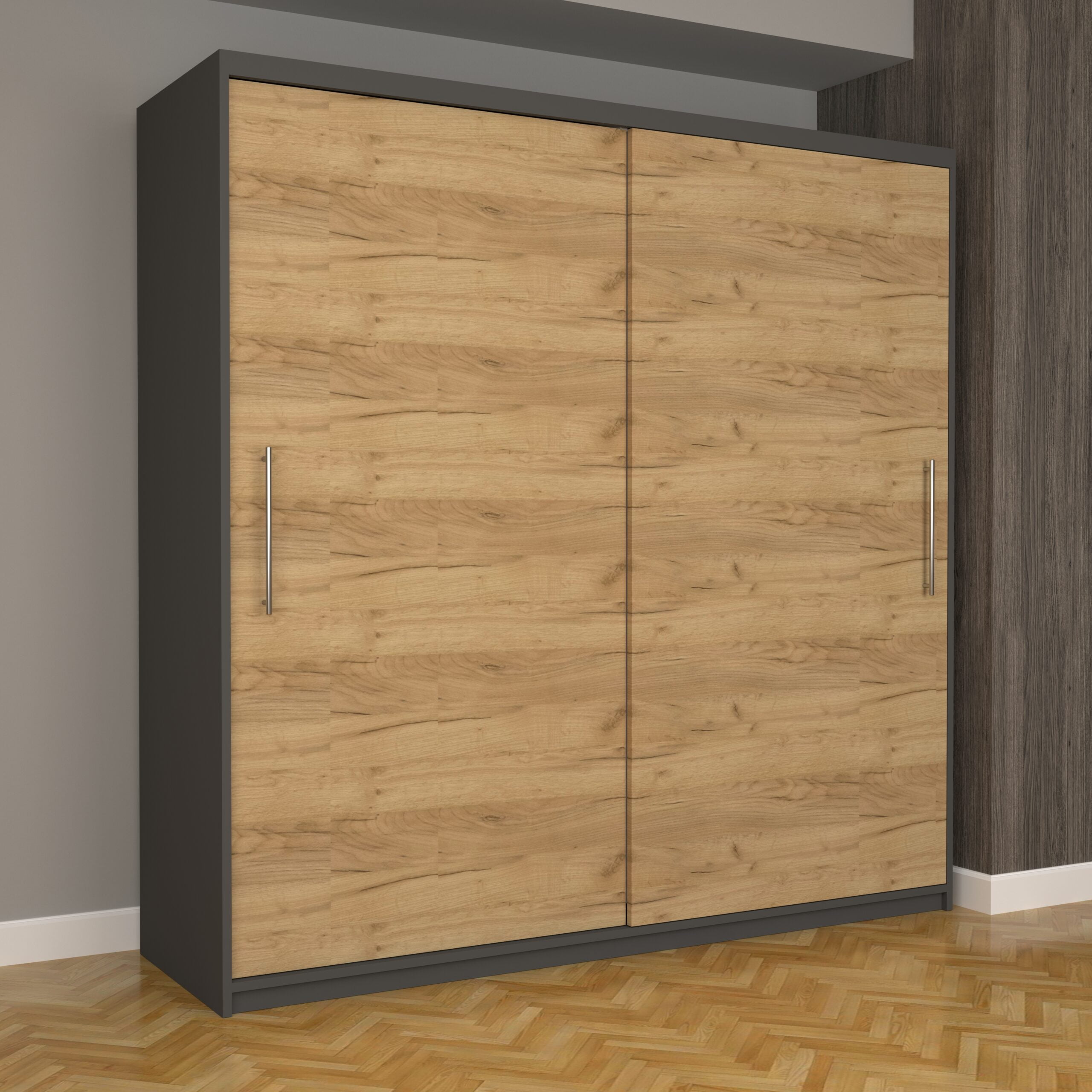 b-90-scaled-1.jpg Dulap Dormitor Nova Eco 200 cm x 200 cm Fara oglinda Gri cu usi glisante Oak Craft Gold - imagine 1