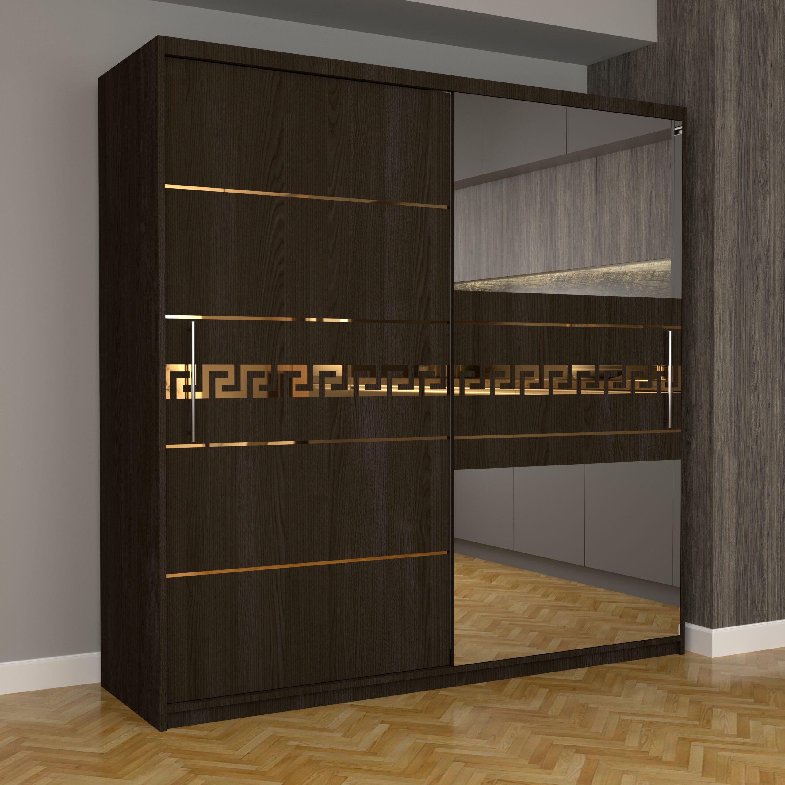 b-99-scaled-1.jpg Dulap Dormitor Nova Gold 200 cm x 200 cm cu oglinda Wenge cu usi glisante Wenge - imagine 1