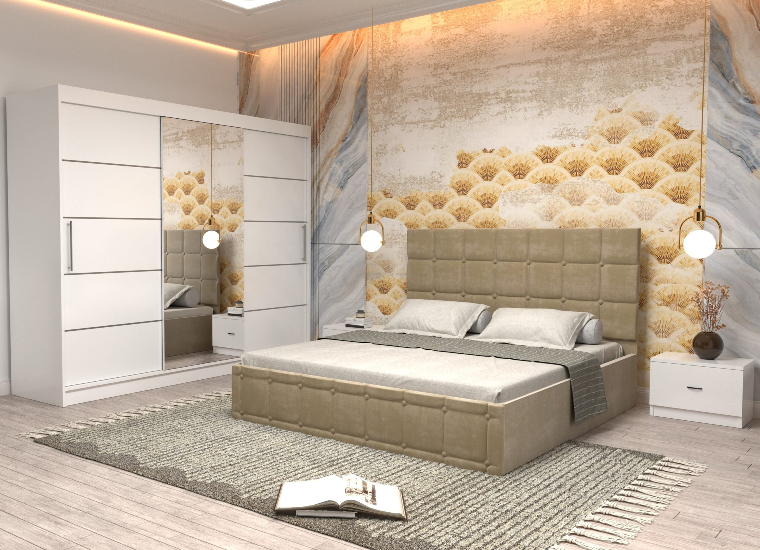 bej-1-scaled-1.jpg Dormitor Regal cu Pat Matrimonial Bej Stofa Dulap usi glisante 250 x 200 cm Alb cu usi Albe Cu Oglinda si Noptiere - imagine 1