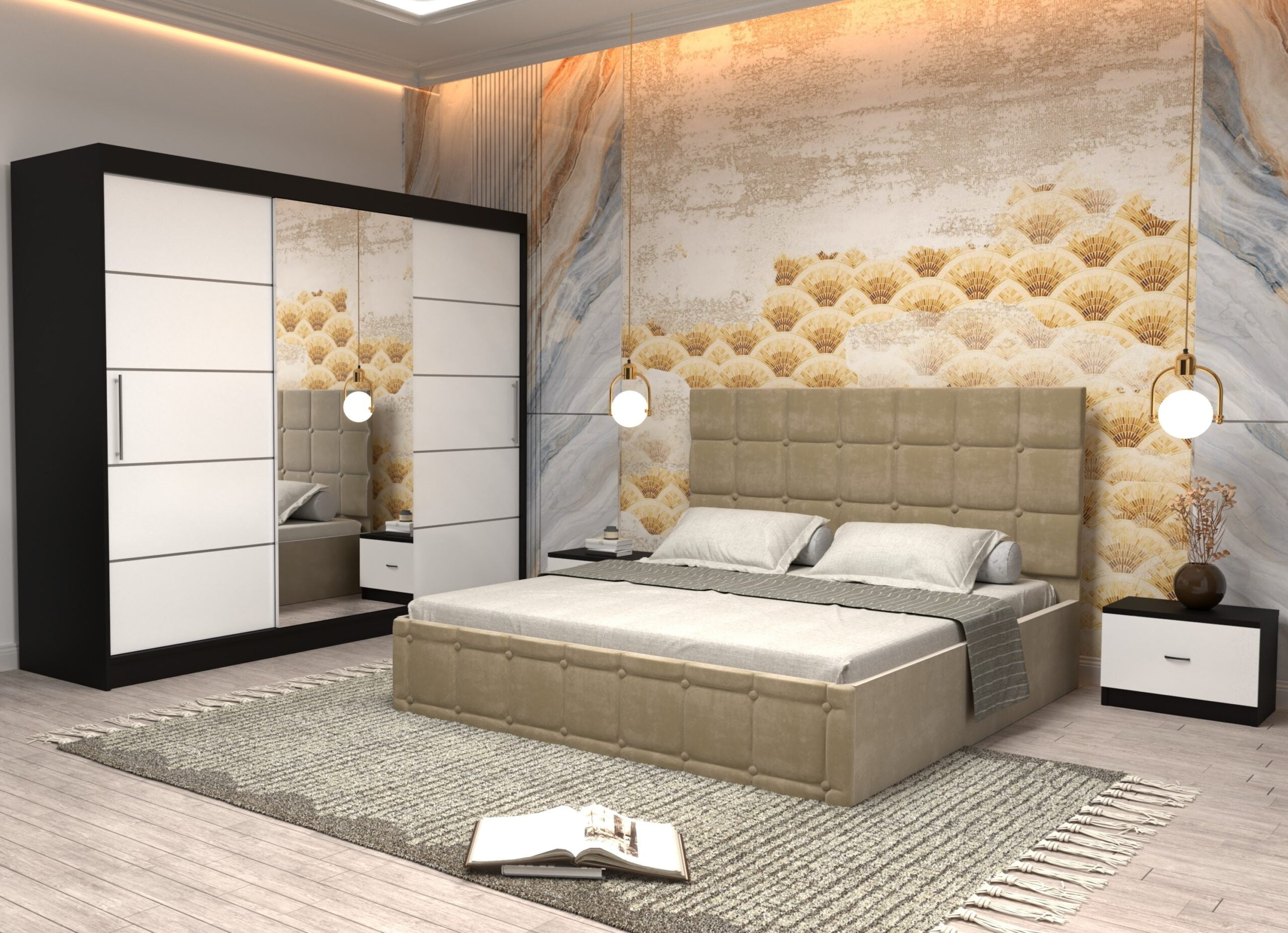 bej-10-scaled-1.jpg Dormitor Regal cu Pat Matrimonial Bej Stofa Dulap usi glisante 250 x 200 cm Wenghe cu usi Albe Cu Oglinda si Noptiere - imagine 1