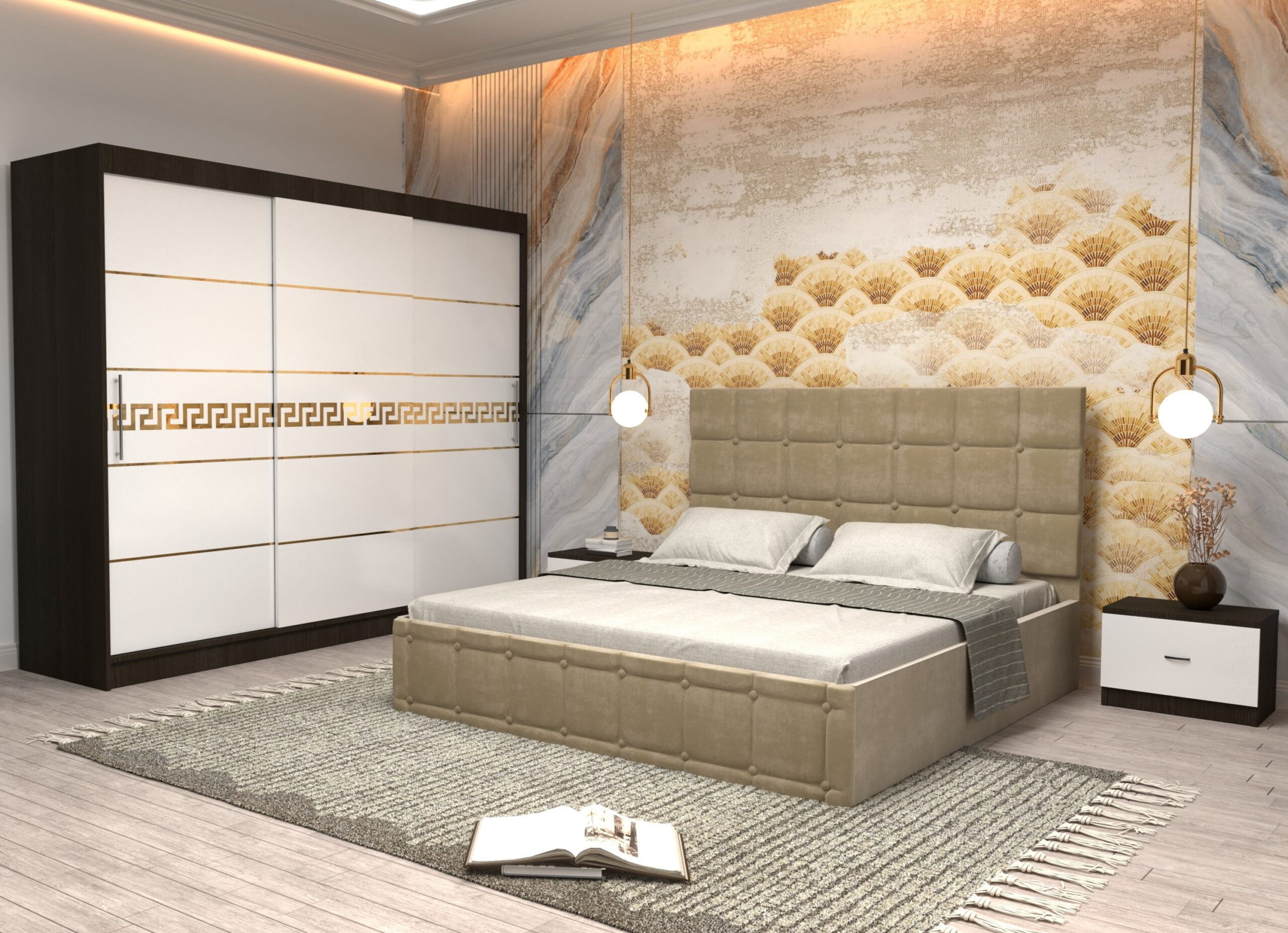 bej-12-scaled-1.jpg Dormitor Regal cu Pat Matrimonial Bej Stofa Dulap Gold usi glisante 250 x 200 cm Wenghe cu usi Albe Fara Oglinda si Noptiere - imagine 1