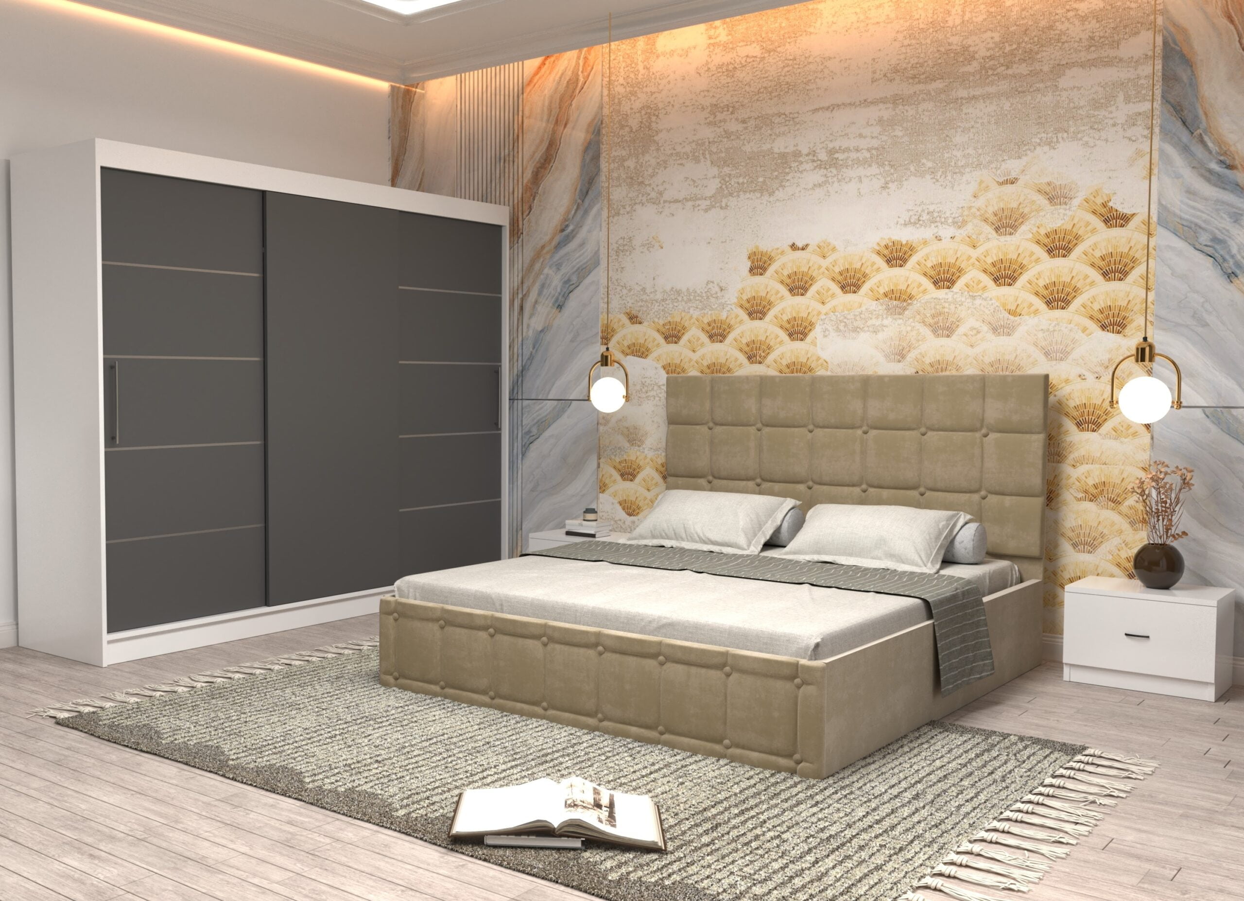 bej-2-scaled-1.jpg Dormitor Regal cu Pat Matrimonial Bej Stofa Dulap usi glisante 250 x 200 cm Alb cu usi Gri Fara Oglinda si Noptiere - imagine 1