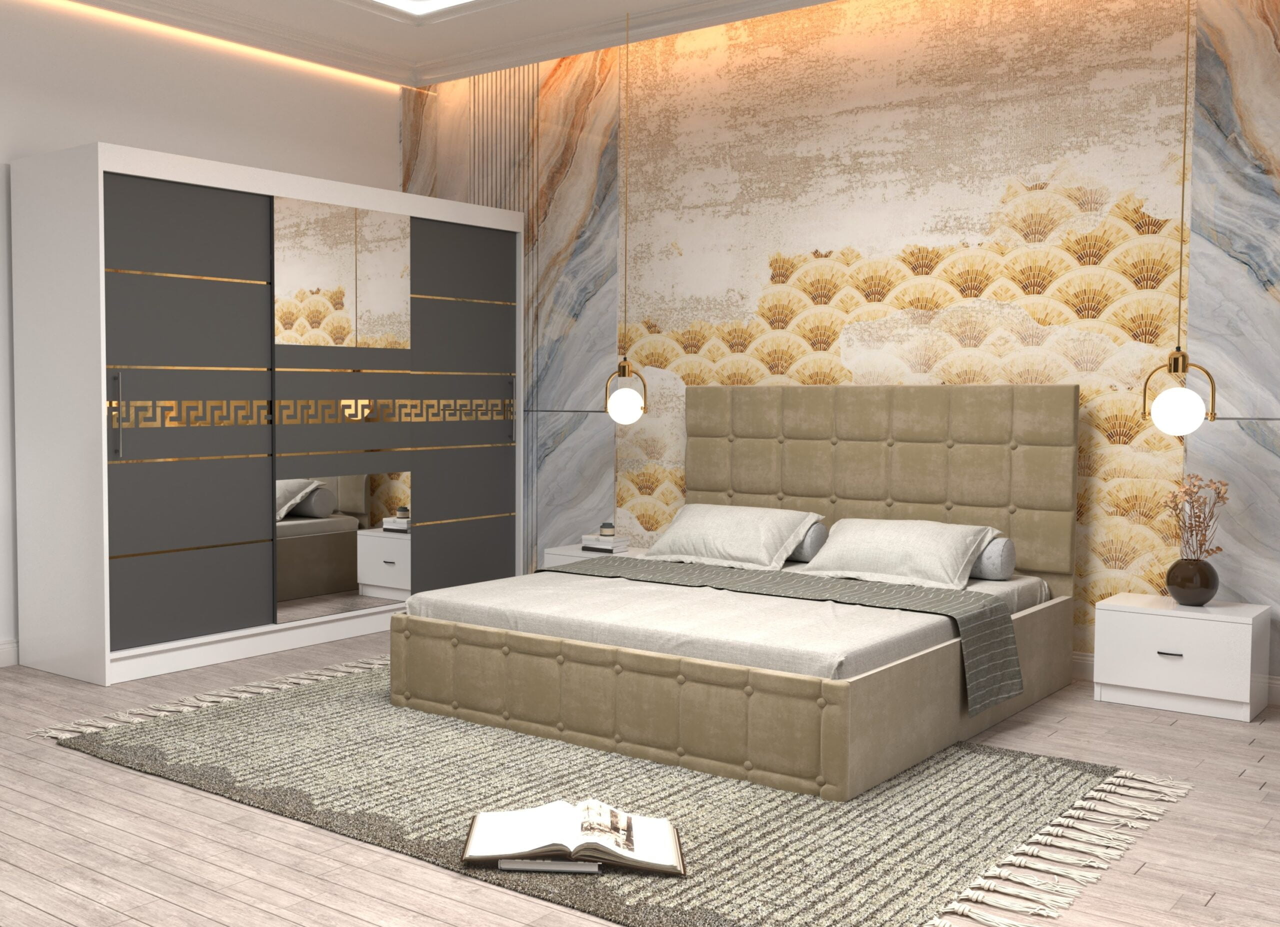 bej-3-scaled-1.jpg Dormitor Regal cu Pat Matrimonial Bej Stofa Dulap Gold usi glisante 250 x 200 cm Alb cu usi Gri cu Oglinda si Noptiere - imagine 1