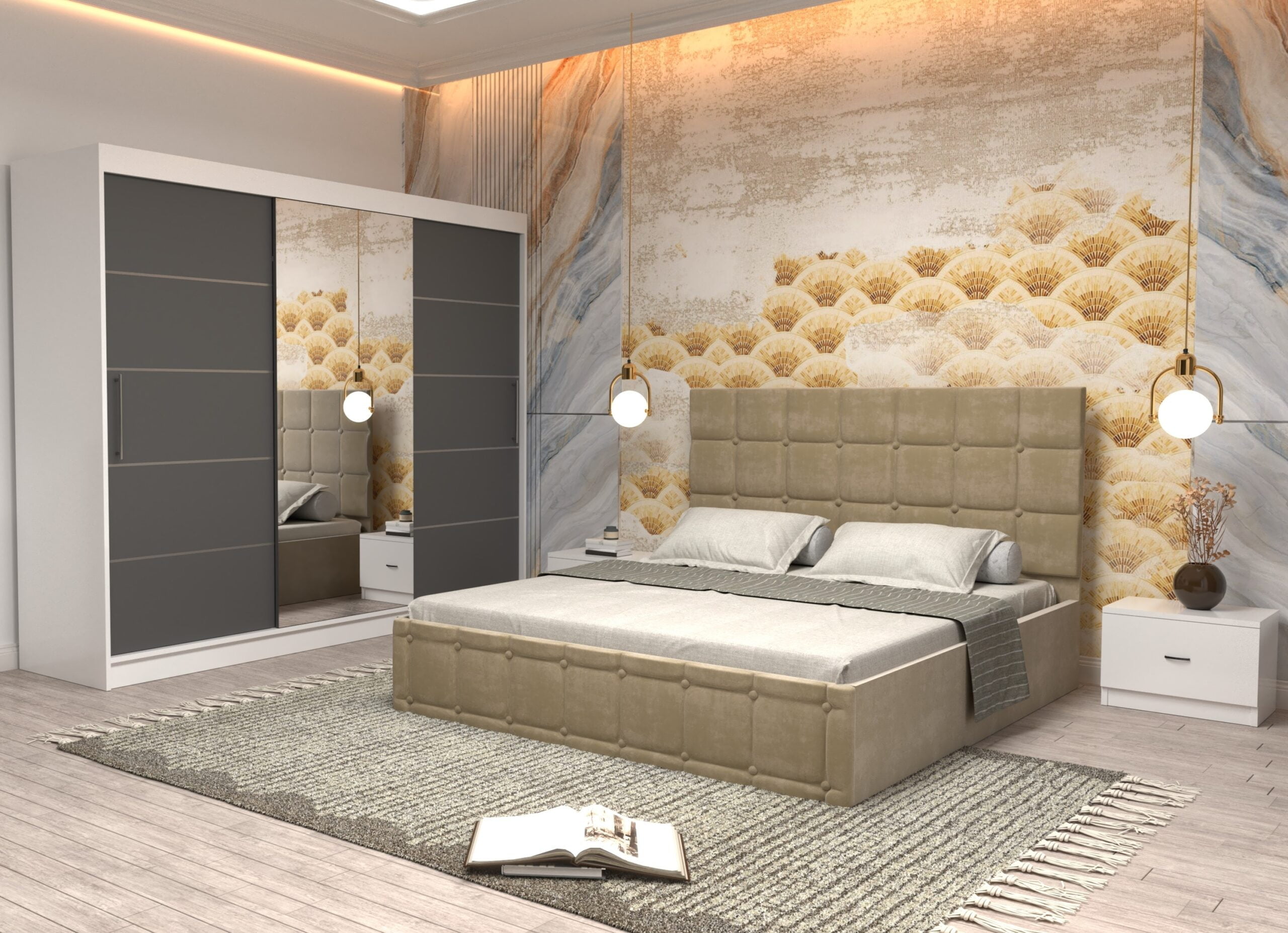 bej-4-scaled-1.jpg Dormitor Regal cu Pat Matrimonial Bej Stofa Dulap usi glisante 250 x 200 cm Alb cu usi Gri cu Oglinda si Noptiere - imagine 1