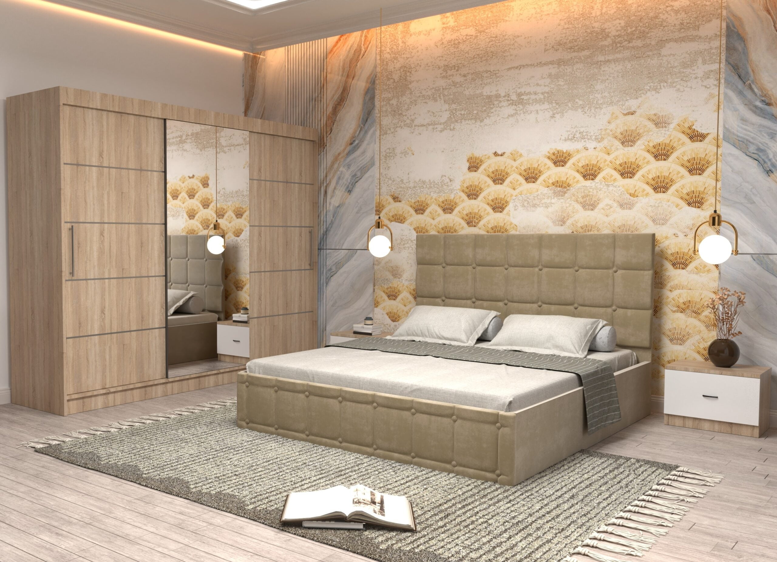 bej-8-scaled-1.jpg Dormitor Regal cu Pat Matrimonial Bej Stofa Dulap usi glisante 250 x 200 cm Sonoma cu usi Sonoma Cu Oglinda si Noptiere - imagine 1