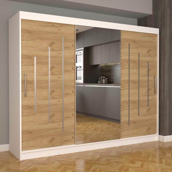 Dulap Dormitor Nova Ultra 250 cm x 200 cm , cu Oglinda , Alb cu usi glisante Oak Craft Gold