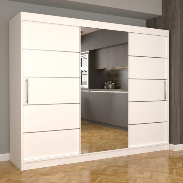 Dulap Dormitor Nova Plus 250 cm x 200 cm , cu oglinda , Alb cu usi glisante Albe