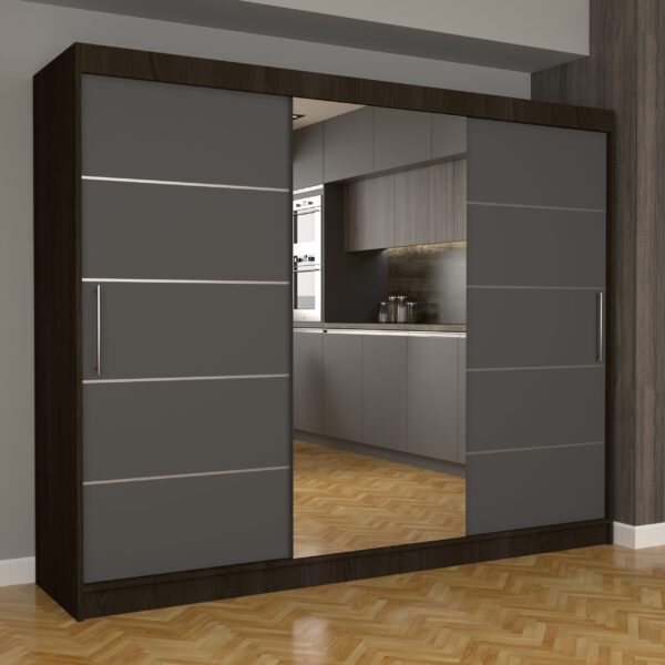 Dulap Dormitor Nova Plus 250 cm x 200 cm , cu oglinda , Wenge cu usi glisante Gri