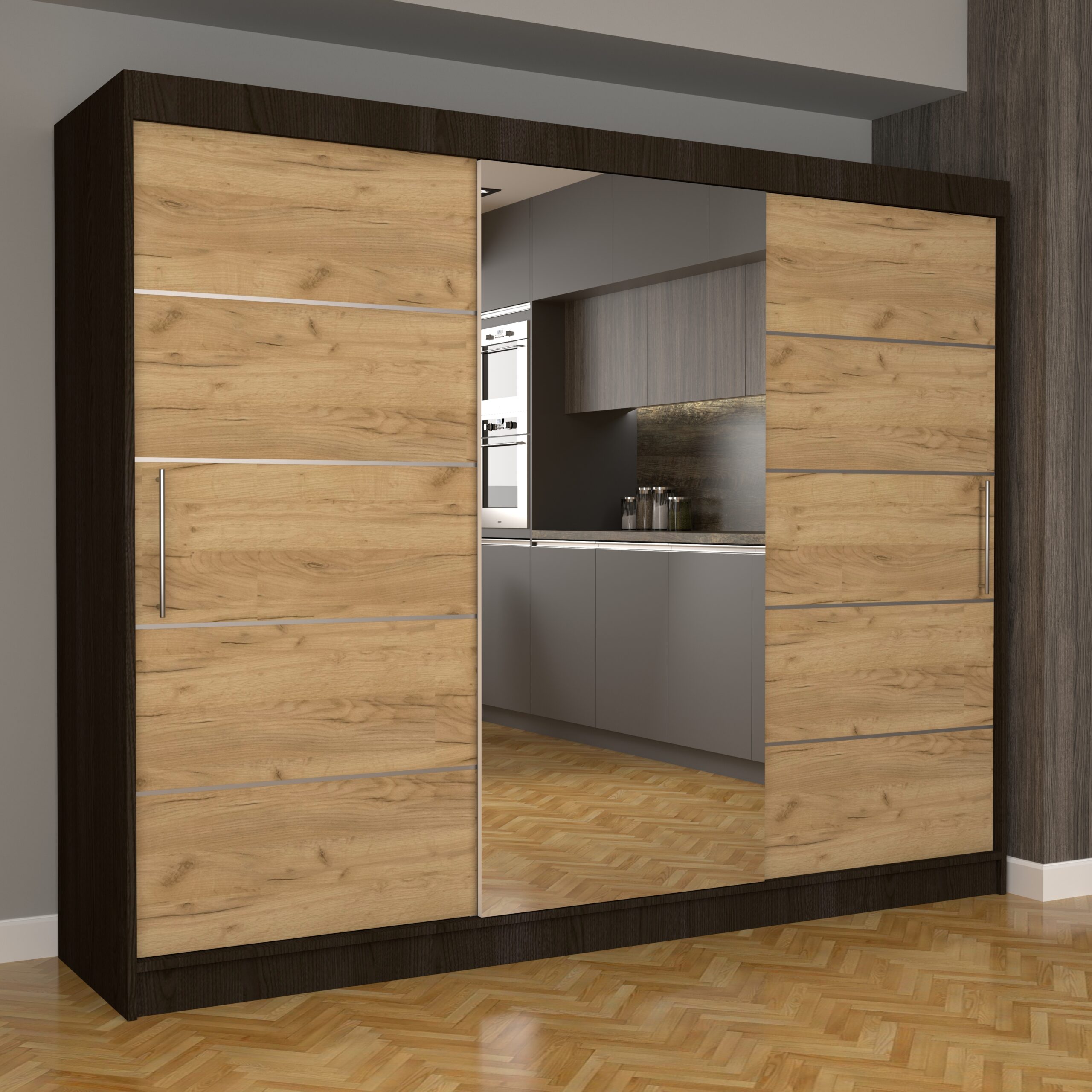 c-40-scaled-1.jpg Dulap Dormitor Nova Plus 250 cm x 200 cm , cu oglinda , Wenge cu usi glisante Oak Craft Gold - imagine 1