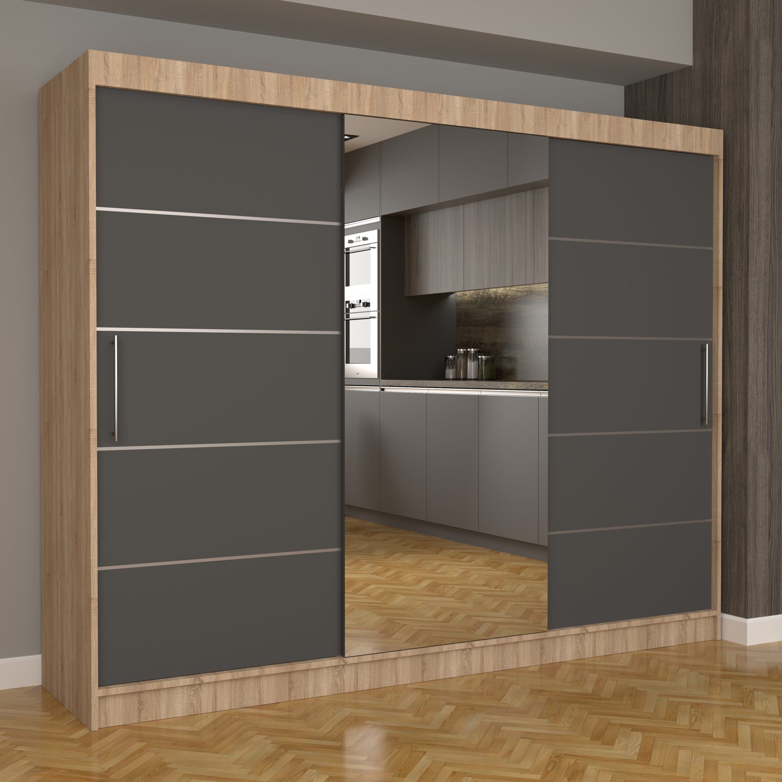 c-46-scaled-1.jpg Dulap Dormitor Nova Plus 250 cm x 200 cm , cu oglinda , Sonoma cu usi glisante Gri - imagine 1