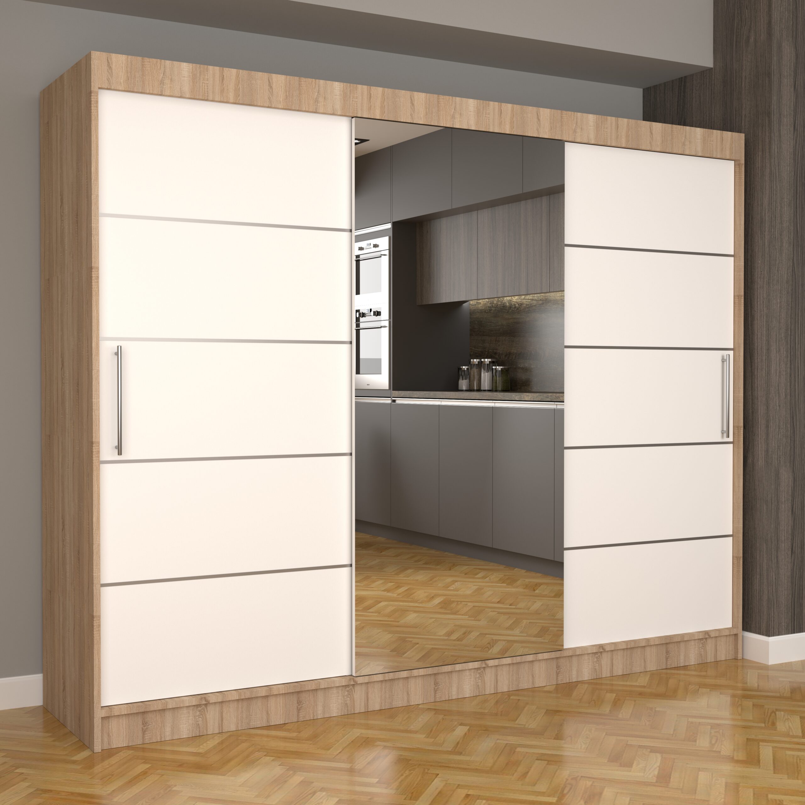 c-48-scaled-1.jpg Dulap Dormitor Nova Plus 250 cm x 200 cm , cu oglinda , Sonoma cu usi glisante Albe - imagine 1