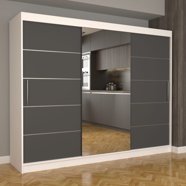 Dulap Dormitor Nova Plus 250 cm x 200 cm , cu oglinda , Alb cu usi glisante Gri